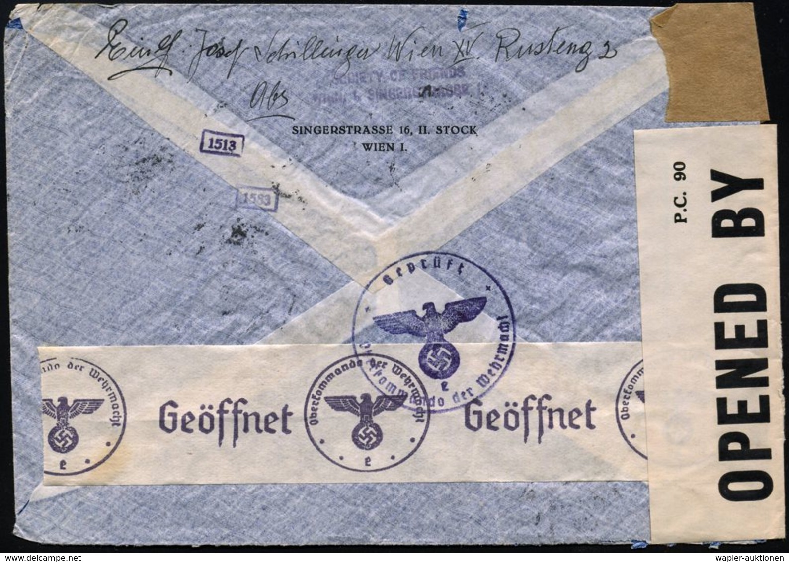 WIEN 2/ C 1940 (23.12.) 2K-Steg Auf 25 Pf. U. Paar 40 Pf. Hindenburg = 105 Pf. + 2L: MIT LUFTPOST NACH/NORDAMERIKA , Rs. - Andere (Lucht)