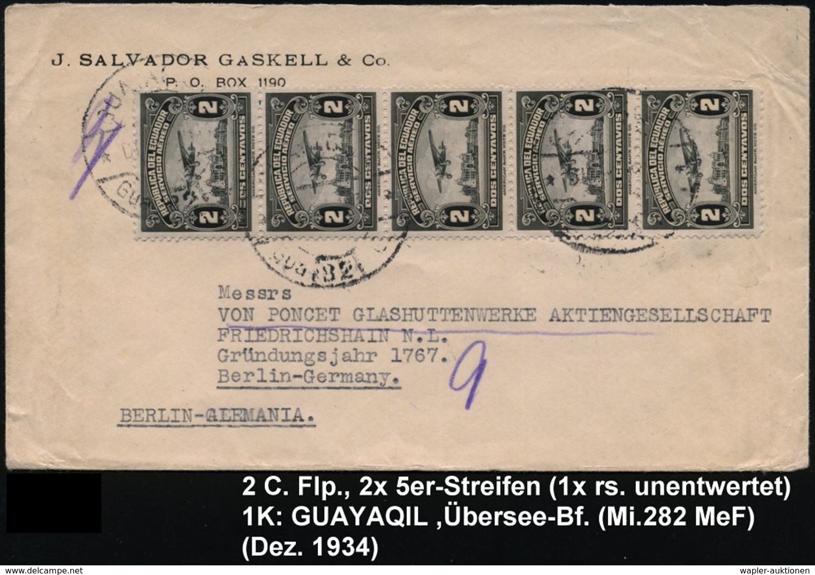 ECUADOR 1934 (Dez.) 2 C. Flp., Reine MeF: 2x 5er-Streifen (1x Rs. Ungest., 1x Vs.) 1K: GUAJAQUIL, Seltener Übersee-Flp.- - Andere (Lucht)