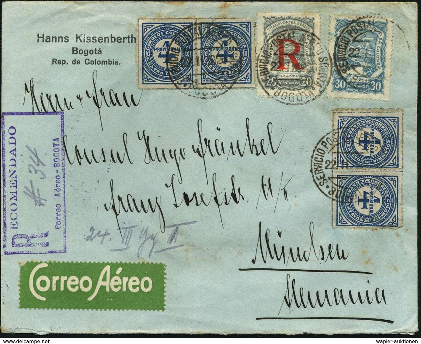 KOLUMBIEN 1926 (22.1.) 4 C. Ziffer, Blau, MeF = 4x + SCADTA-Marke 30 C. Blau U. Einschreibe-Marke 20 C. Grau = Junkers F - Autres (Air)