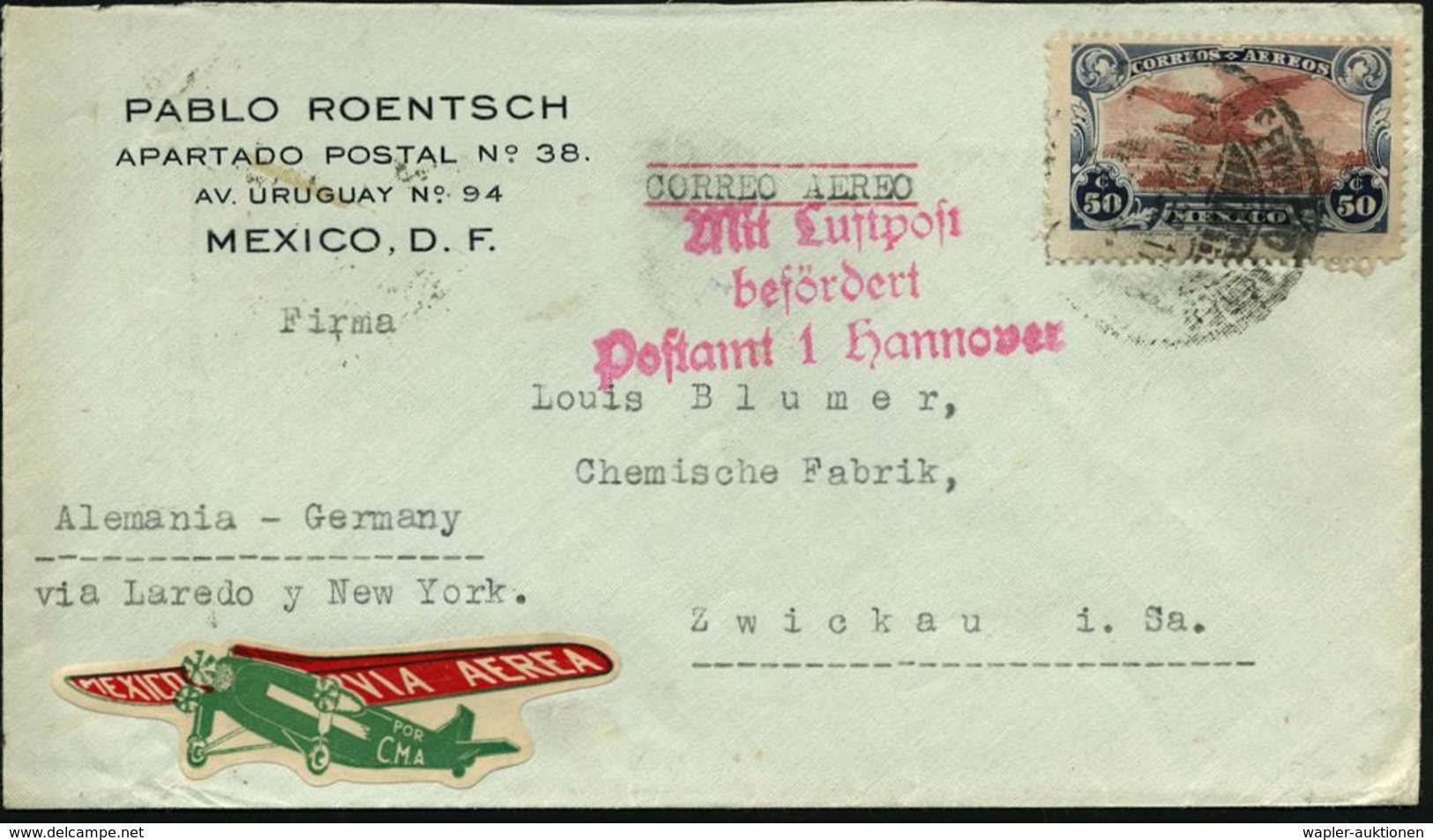 MEXICO 1932 (Dez.) 50 C. Flp., EF = Karakara + Roter 3L: ML/b/Postamt 1 Hannover Auf Übersee-Flp.-Bf. Aus Mexico (EF Flp - Altri (Aria)