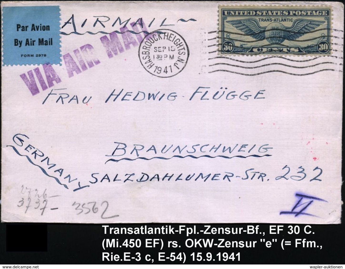 U.S.A. 1941 (15.9.) MaWellenSt.: HESBROUCK HEIGHTS,N.J., EF 30 C. Transatlantik-Flp., Rs. OKW-Zensurstreifen + Roter 1K: - Andere (Lucht)