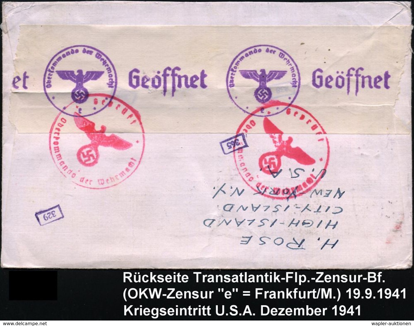 U.S.A. 1941 (15.9.) MaWellenSt.: HESBROUCK HEIGHTS,N.J., EF 30 C. Transatlantik-Flp., Rs. OKW-Zensurstreifen + Roter 1K: - Autres (Air)