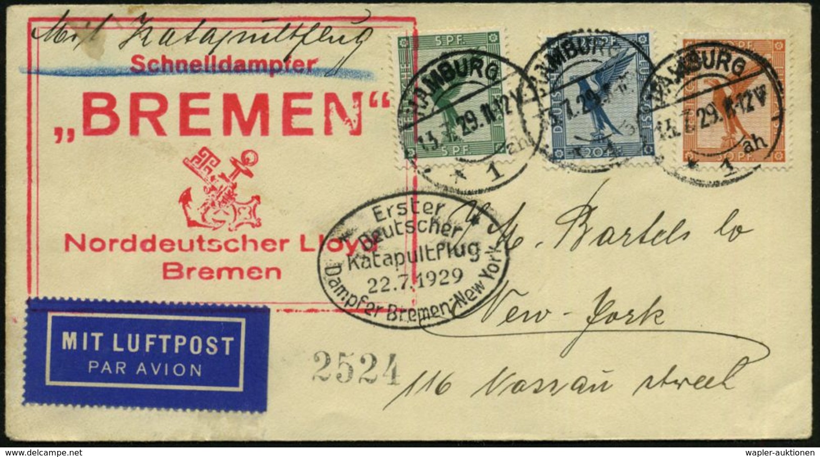 HAMBURG/ *1ah 1929 (13.7.) 1K-Brücke Auf Flp.-Frankatur "Adler" 5 Pf.,20 Pf., 50 Pf. , Roter Ra.: Schnelldampfer/ "BREME - Autres (Air)