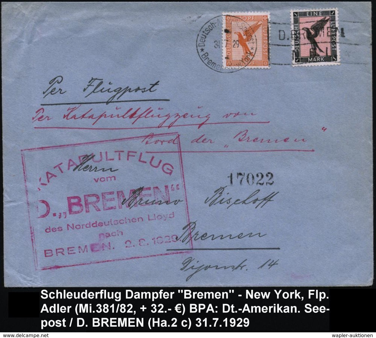 DEUTSCHES REICH 1929 (31.7.) BPA-MaSt: Deutsch-Amerik. Seepost/*Bremen-New York*/D.BREMEN/N.D.L. A. Adler 50 Pf. + 1 Mk. - Andere (Lucht)