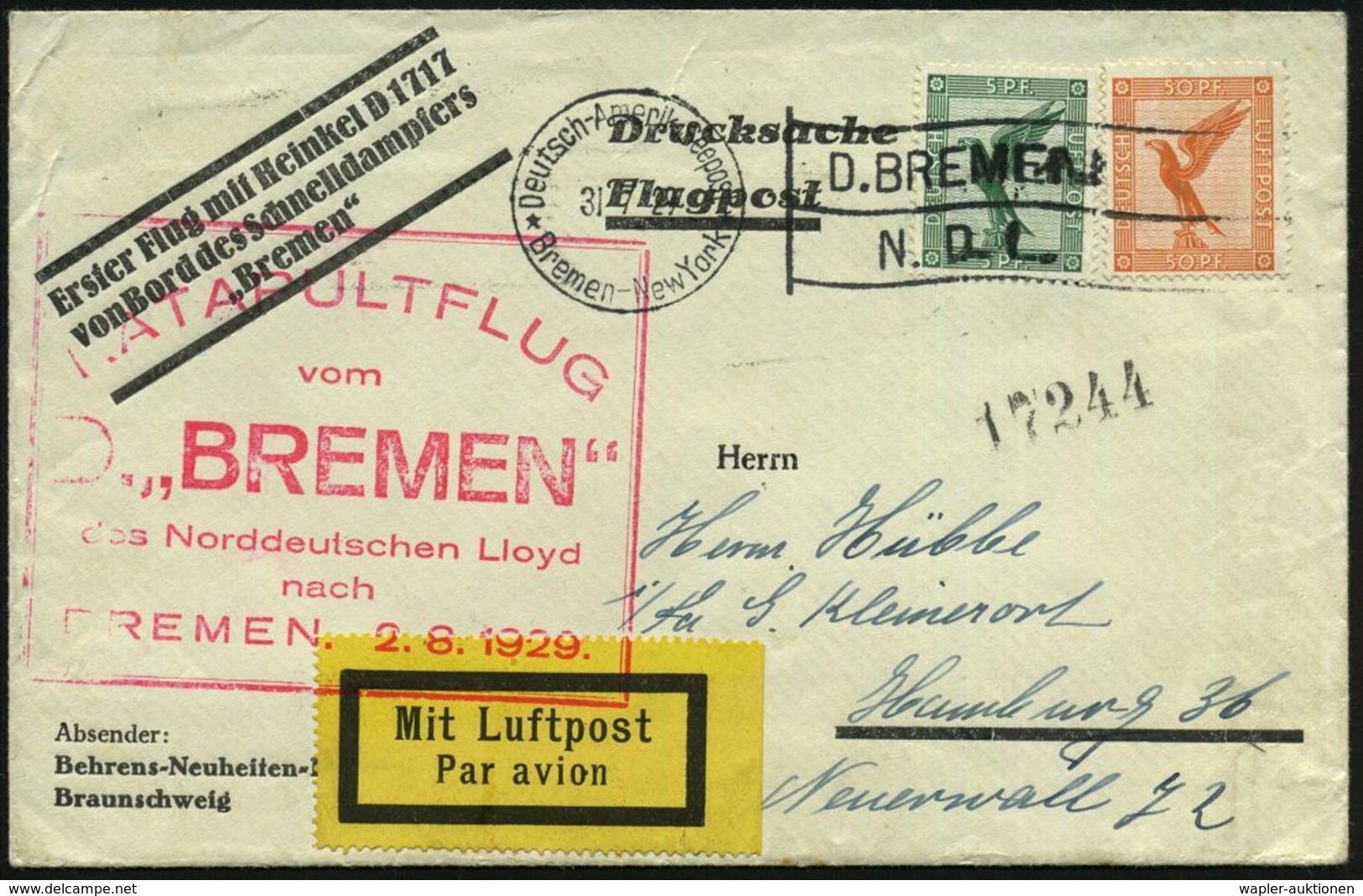 DEUTSCHES REICH 1929 (31.7.) Bordpost-Ma.BPA: Deutsch-Amerik. Seepost/Bremen - New York/D. BREMEN/N. D. L. (Fahne Rechts - Altri (Aria)