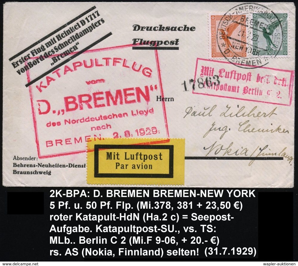 DEUTSCHES REICH 1929 (21.7.) 2K-BPA.: DEUTSCHE-AMERIKANISCHE SEEPOST/BREMEN-/NEW YORK/D. BREMEN Auf Flp. 5 Pf. U. 50 Pf. - Altri (Aria)