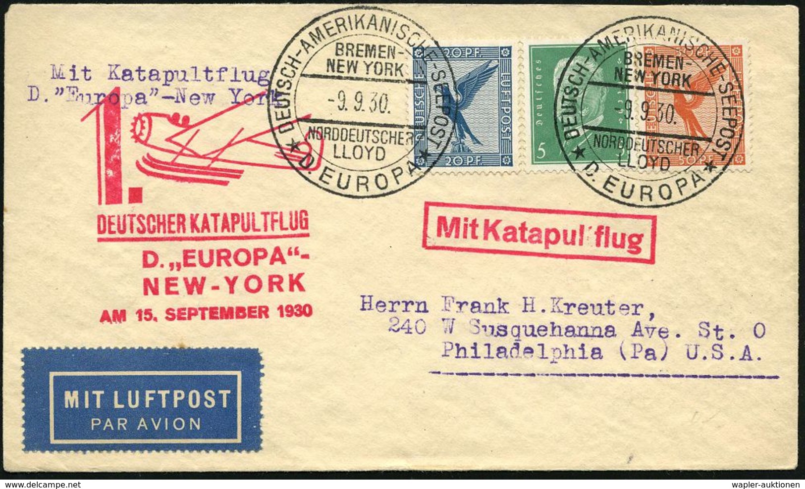 DEUTSCHES REICH 1930 (9.9.) 2K-BPA: DEUTSCH-AMERIKANISCHE SEEPOST/BREMEN-/NEW YORK/NDL/D. EUROPA 2x Glasklar Auf 20 U. 5 - Sonstige (Luft)