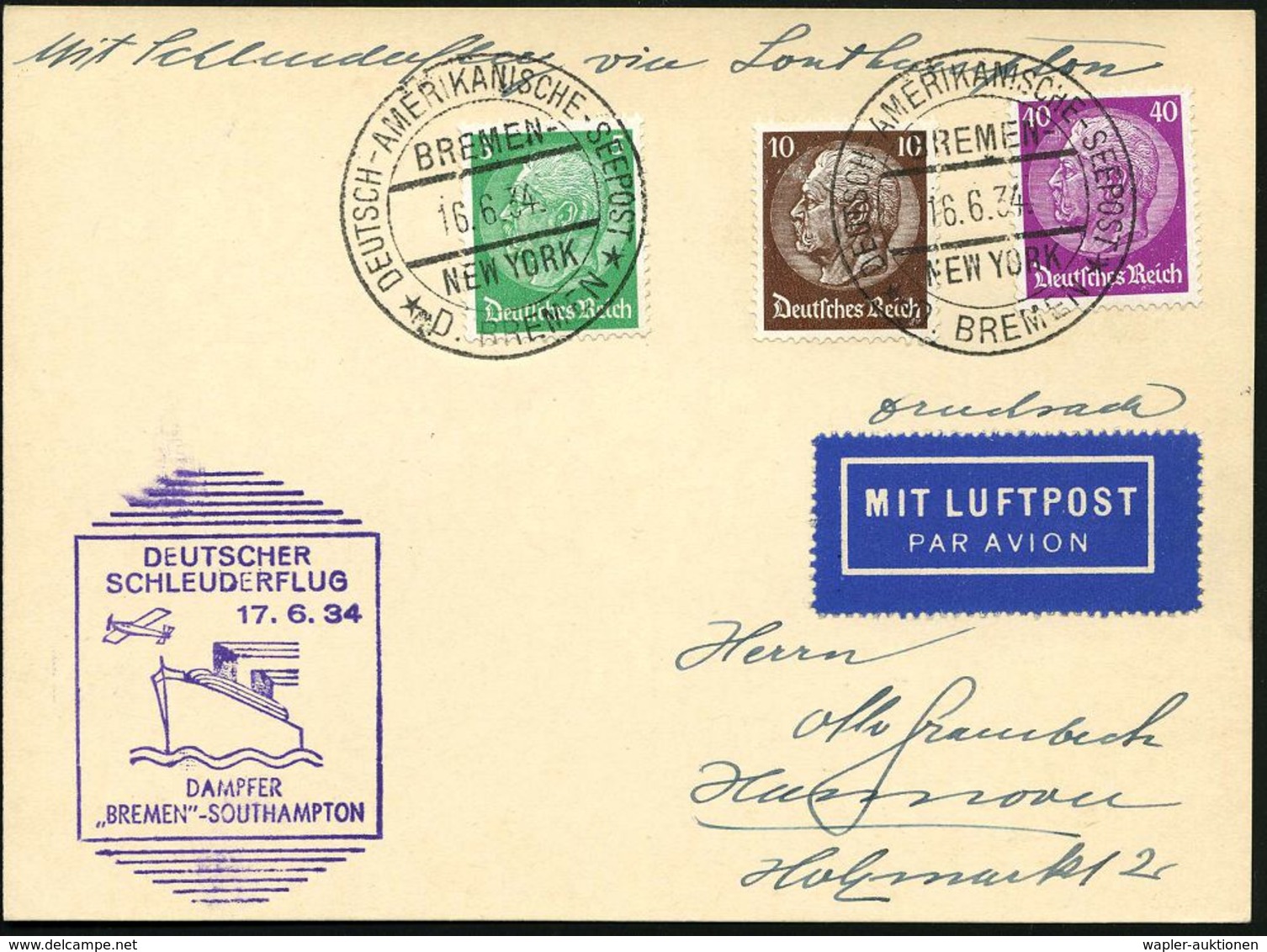 DEUTSCHES REICH 1934 (16.6.) 2K-BPA: DEUTSCH-AMERIKANISCHE SEEPOST/BREMEN/NEW YORK/* D. BREMEN * 2x Klar Auf Hindenbg.-3 - Sonstige (Luft)