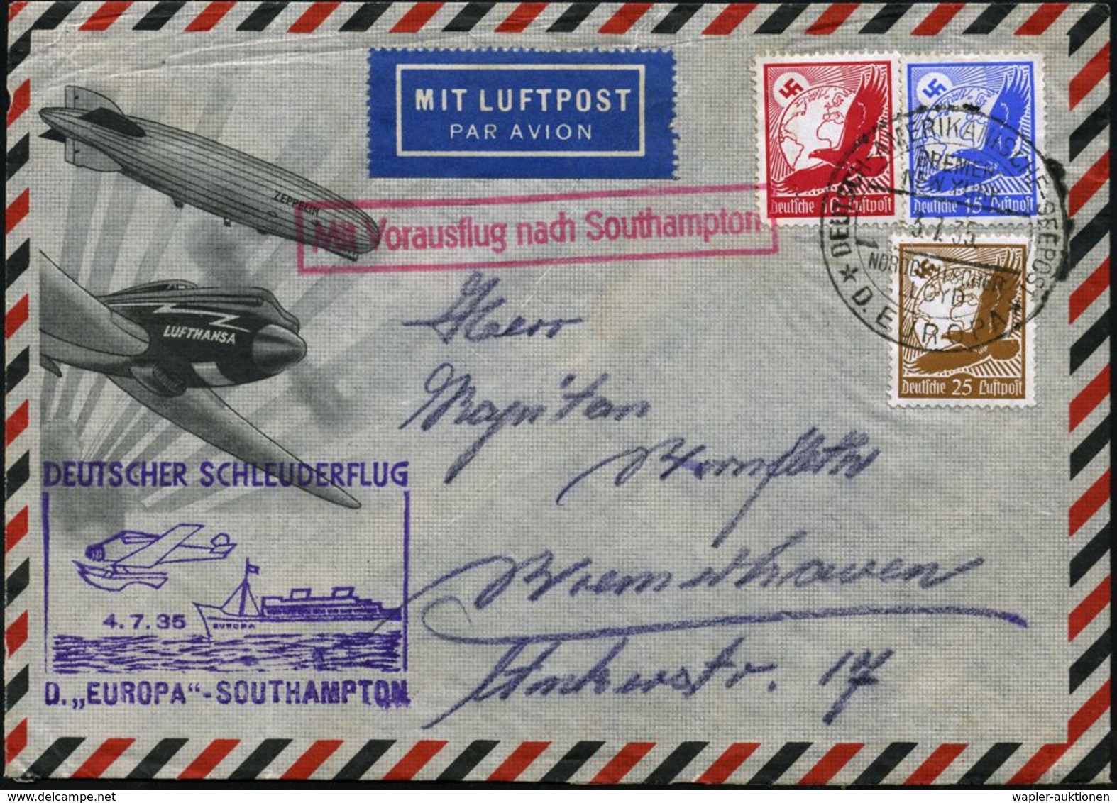 DEUTSCHES REICH 1935 (3.7.) 2K-BPA: DEUTSCH-AMERIKANISCHE SEEPOST/BREMEN/NEW YORK/NDL/D.EUROPA + Roter Ra.: Mit Vorausfl - Altri (Aria)