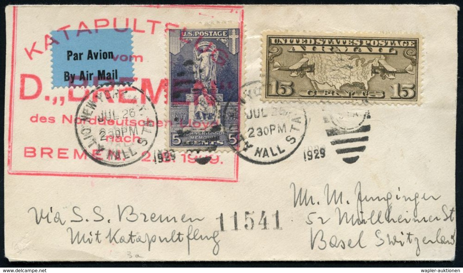 U.S.A. 1929 (26.7.) Flp. 15 C. U.a. + 1K: NEW YORK/CITY HALL + Roter HdN: KATAPULTFLUG/ D. "BREMEN"/ Des NDL/ Nach/ BREM - Sonstige (Luft)