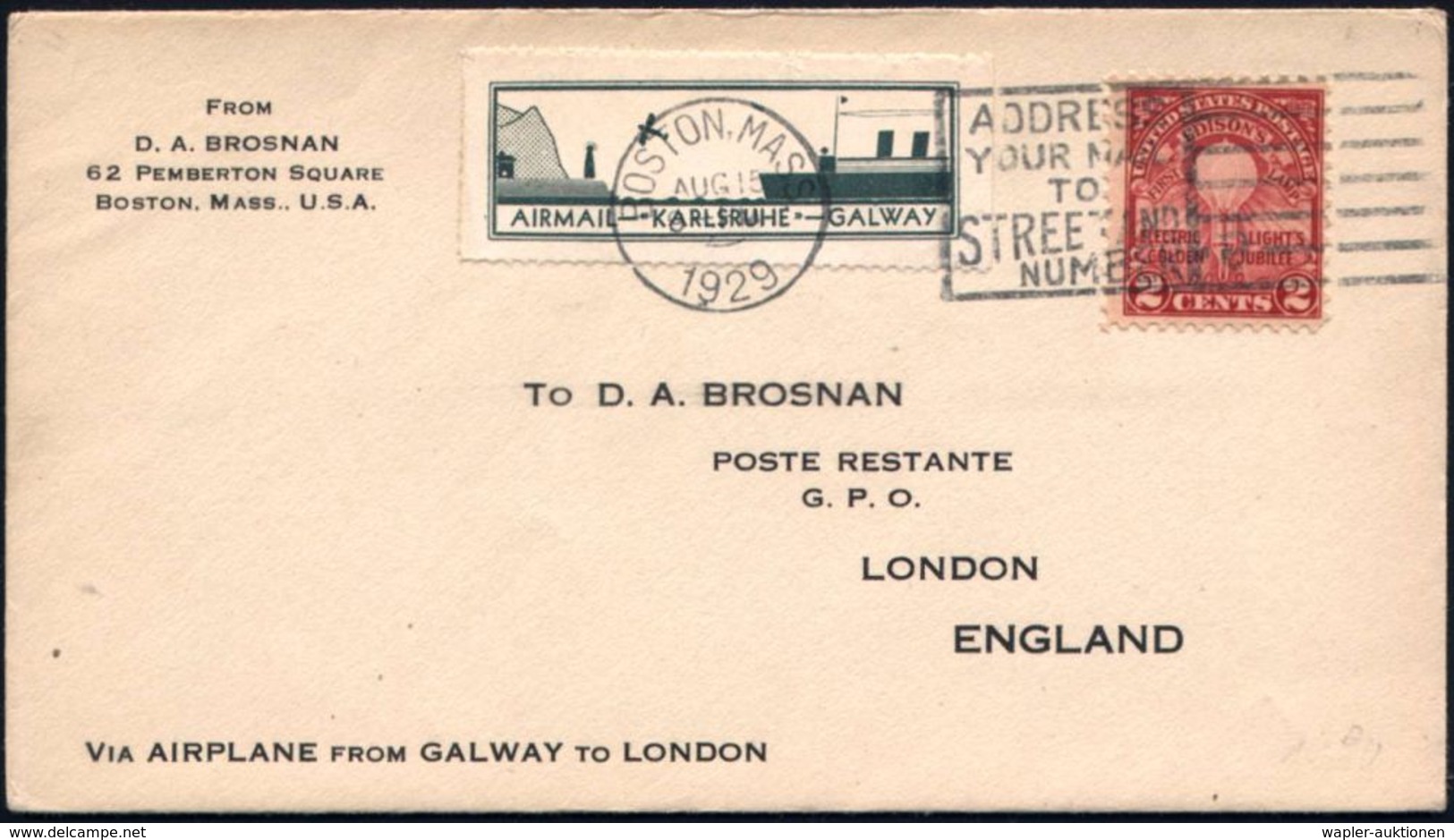 U.S.A. /  IRLAND 1929 (15.8.) 2 C. Edison, EF Auf Sonderflug-SU: VIA AIRPLANE FROM GALWAY TO LONDON +  Grüne Flp.-Vign.: - Sonstige (Luft)