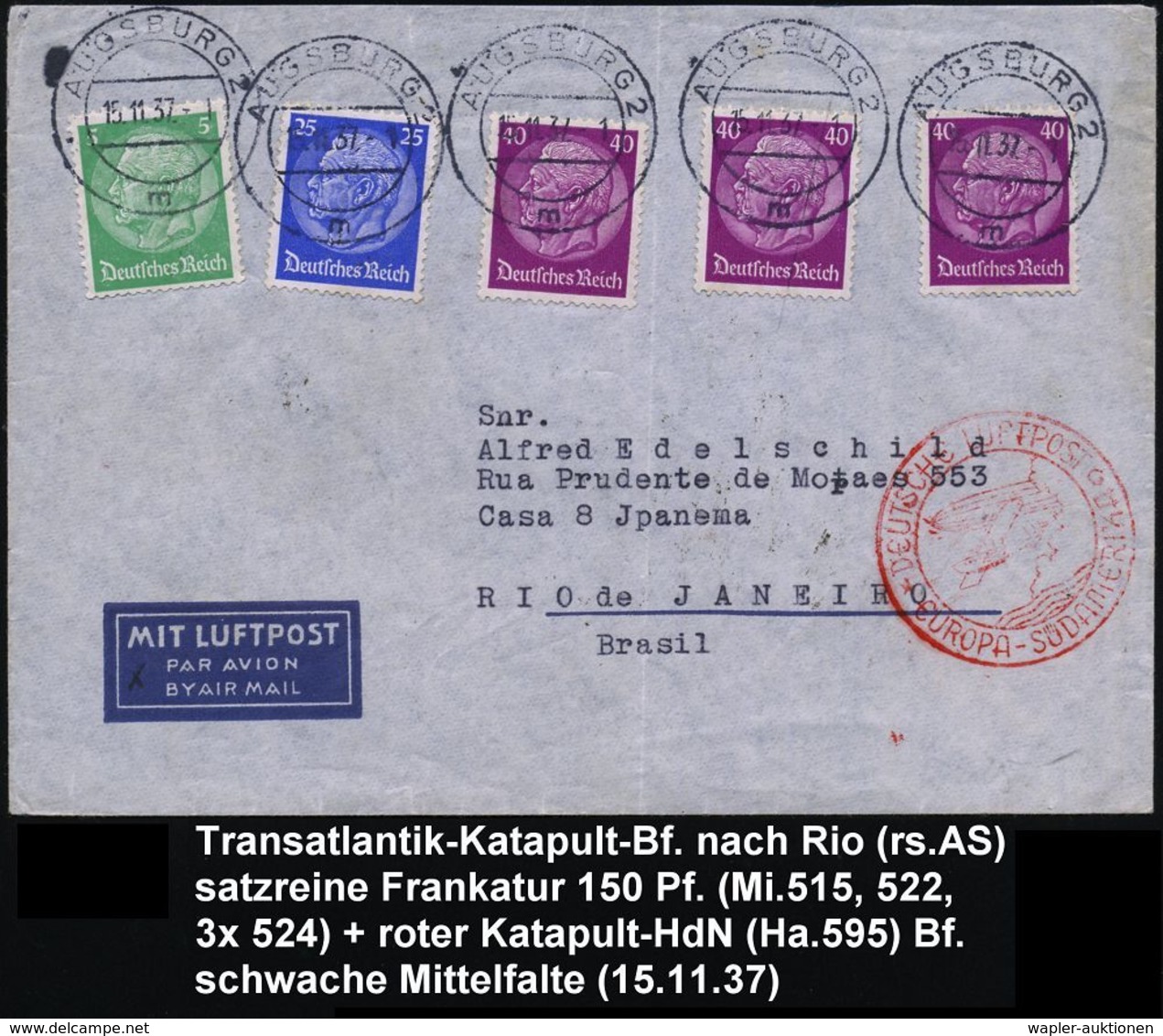 AUGSBURG 2/ M 1937 (15.11.) 2K-Steg Mehrfach Auf 3-Farben-Frankatur Hindenbg. 5, 25, 3x 40 Pf. = 150 Pf. (Mi.515, 522, 3 - Altri (Aria)