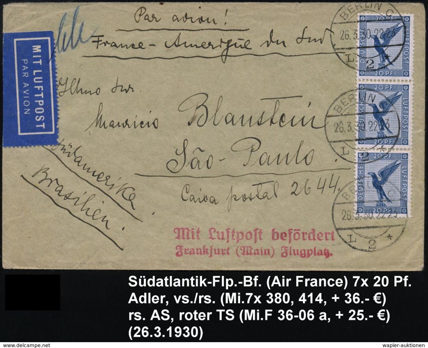 BERLIN C/ L2* 1930 (26.3.) 1K-Brücke Mehrfach Vs./rs. Auf 20 Pf. Adler, 3er-Streifen Wie MeF + Rs. 4er-Streifen + 15 Pf. - Andere (Lucht)