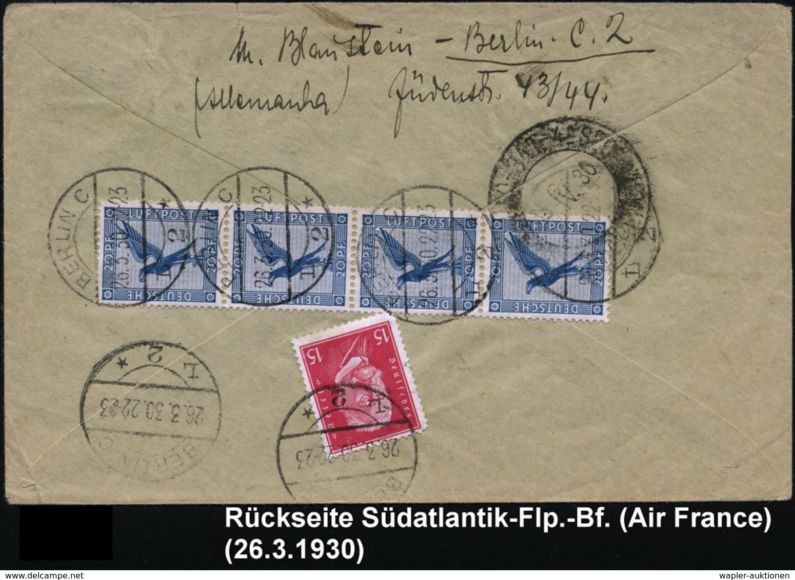 BERLIN C/ L2* 1930 (26.3.) 1K-Brücke Mehrfach Vs./rs. Auf 20 Pf. Adler, 3er-Streifen Wie MeF + Rs. 4er-Streifen + 15 Pf. - Autres (Air)