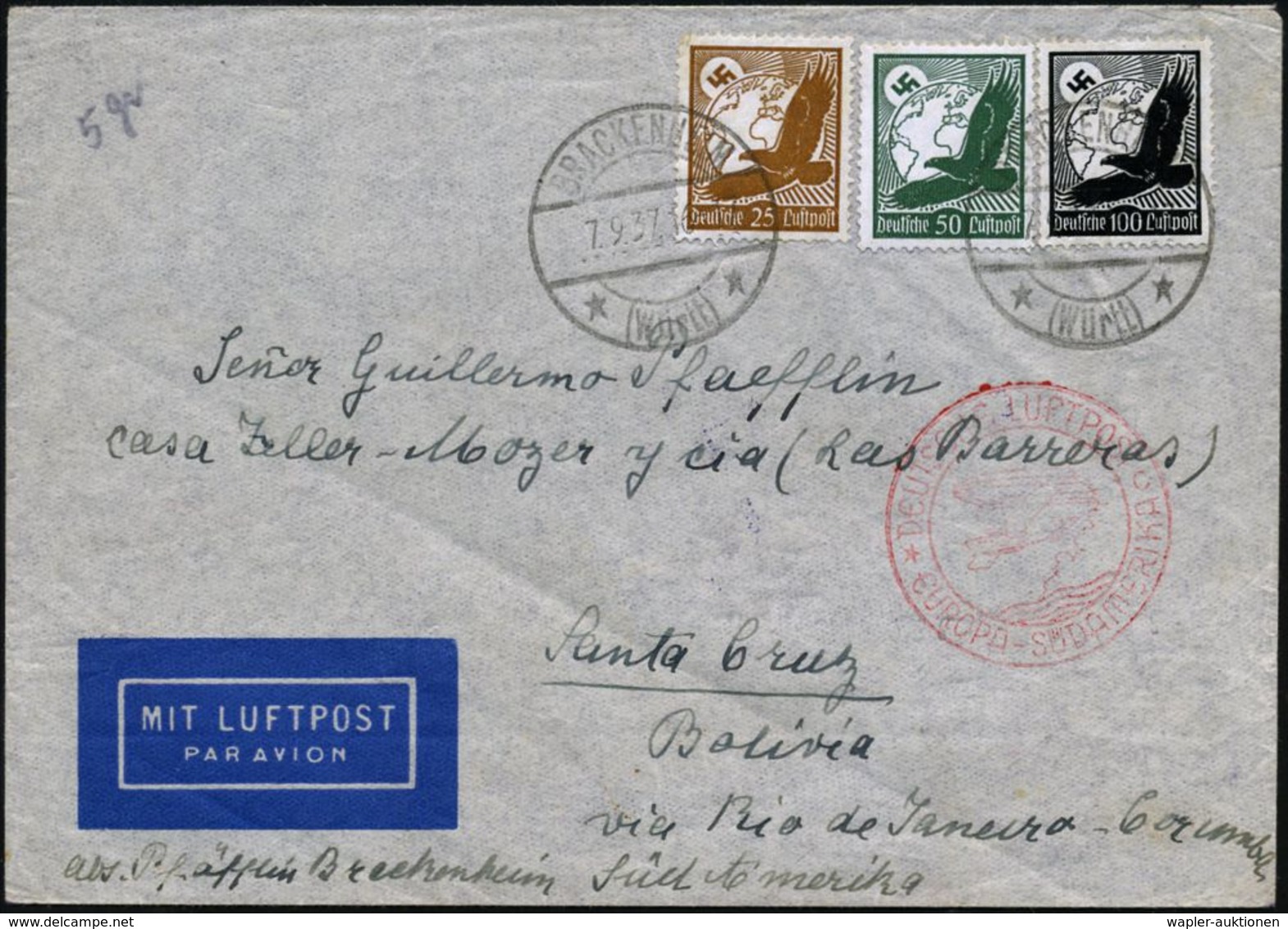 BRACKENHEIM/ *(Württ)* 1937 (7.9.) 1K-Brücke Auf Flp.-Frankatur Adler 175 Pf. + Roter Katapult-HdN: DEUTSCHE LUFTPOST/*  - Altri (Aria)