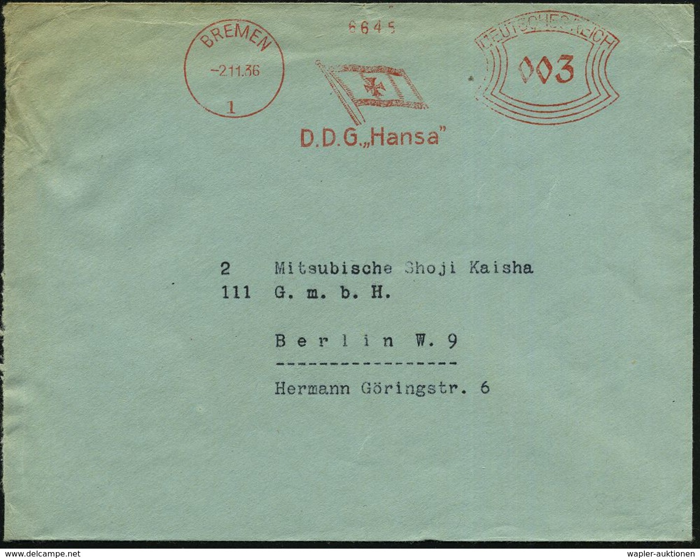 BREMEN/ 1/ D.D.G. "Hansa" 1936 (2.11.) AFS = Reedereiflagge = Reederei Des Katapultdampfers "Westfalen", Rs. Abs-Vordr.: - Altri (Aria)