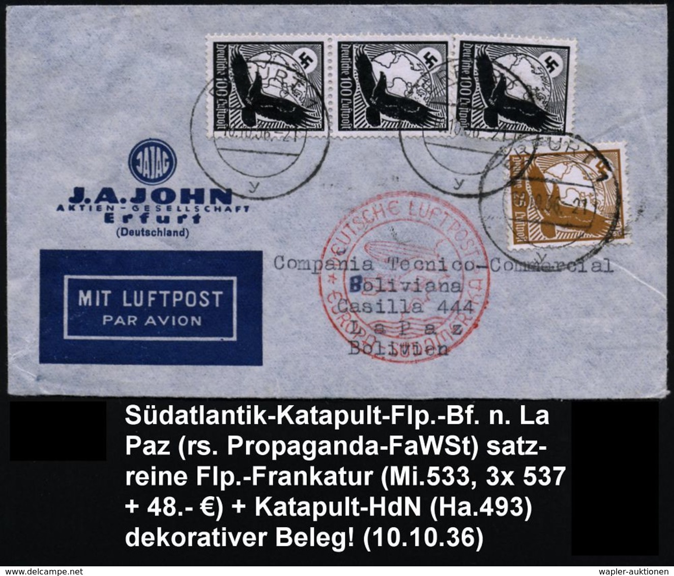 ERFURT 1/ Y 1936 (10.10.) 2K-Steg Auf Satzreiner Frankatur Adler 25 Pf. U. 3x 100 Pf. = 325 Pf. (Mi.533 X, 3x 538 X, + 4 - Autres (Air)