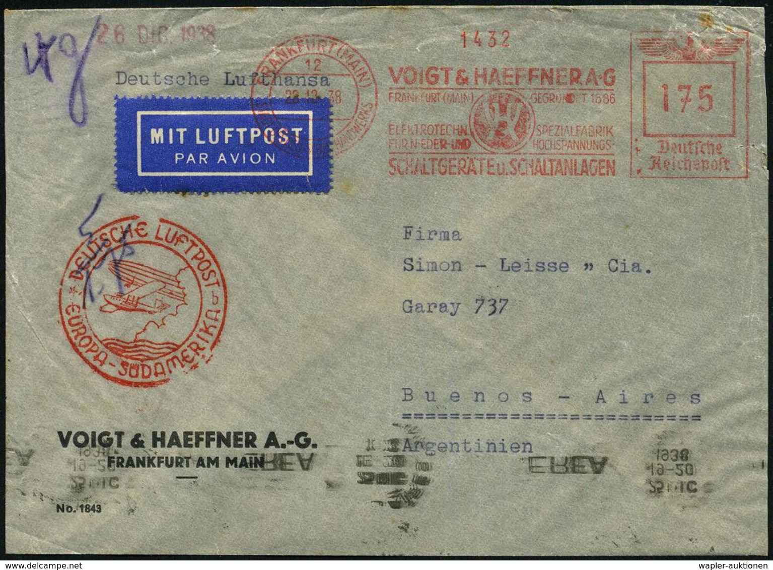 FRANKFURT (MAIN)/ 12/ SDDH/ VOIGT & HAEFNER AG/ ..SCHALTGERÄTE U.SCHALTANLAGEN 1938 (22.12.) AFS 175 Pf. + Roter Katapul - Otros (Aire)