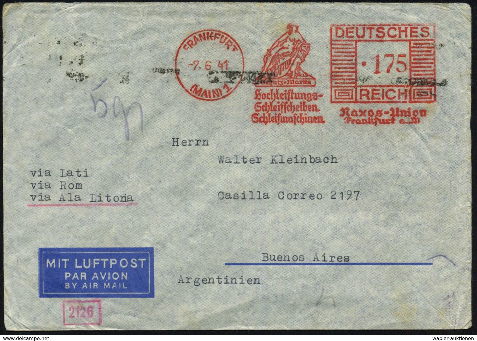 FRANKFURT/ (MAIN) 1/ Hochleistungs-/ Schleifscheiben../ Naxos-Union 1941 (7.6.) AFS 175 Pf. = Firmenlogo "Ariadne Auf Na - Andere (Lucht)