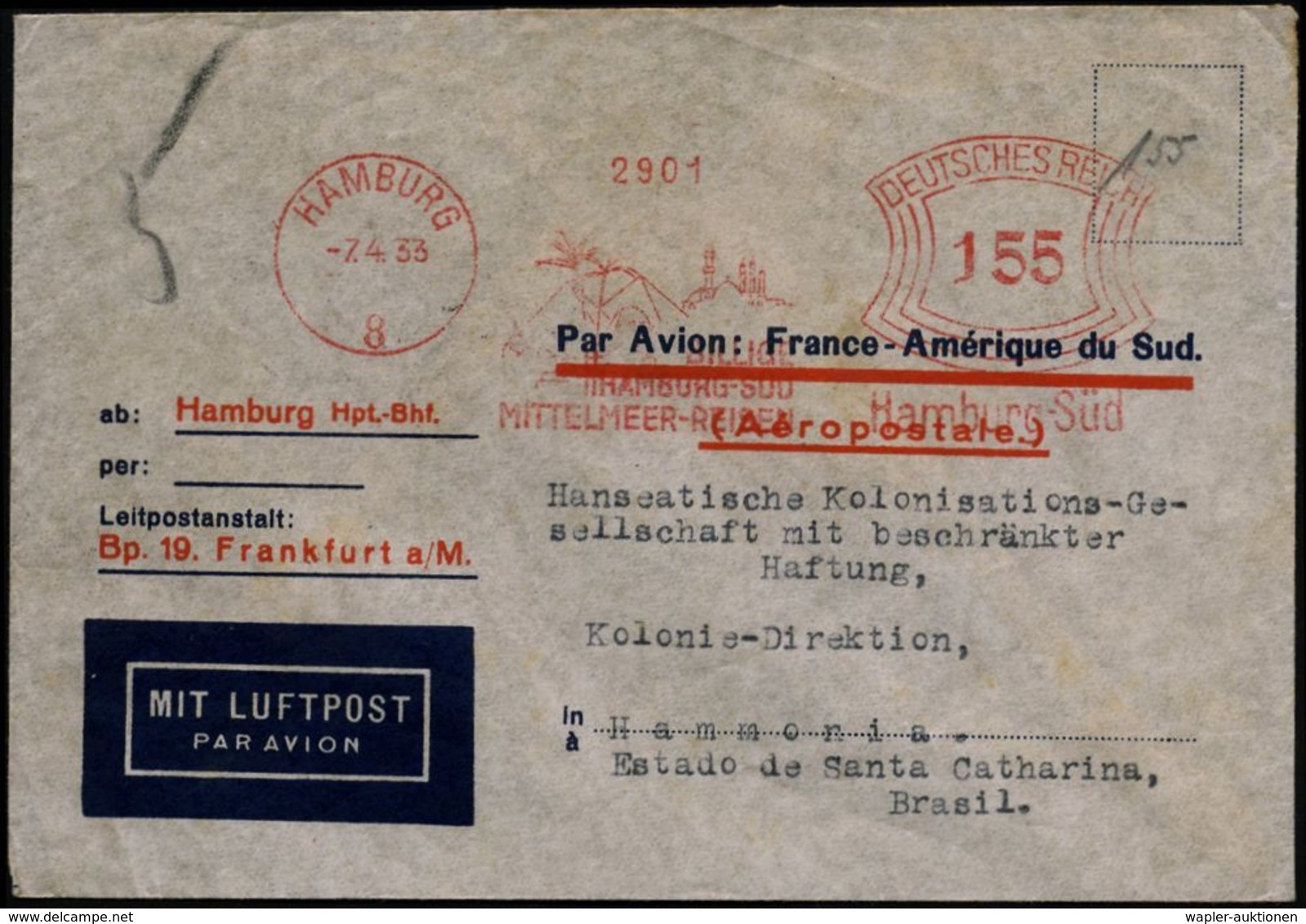 HAMBURG/ 8/ BILLIGE/ HAMBURG-SÜD/ MITTELMEER-REISEN/ Hamburg-Süd 1933 (7.4.) AFS 155 Pf. = 2 Pyramiden/ Sphinx Etc. (= R - Andere (Lucht)