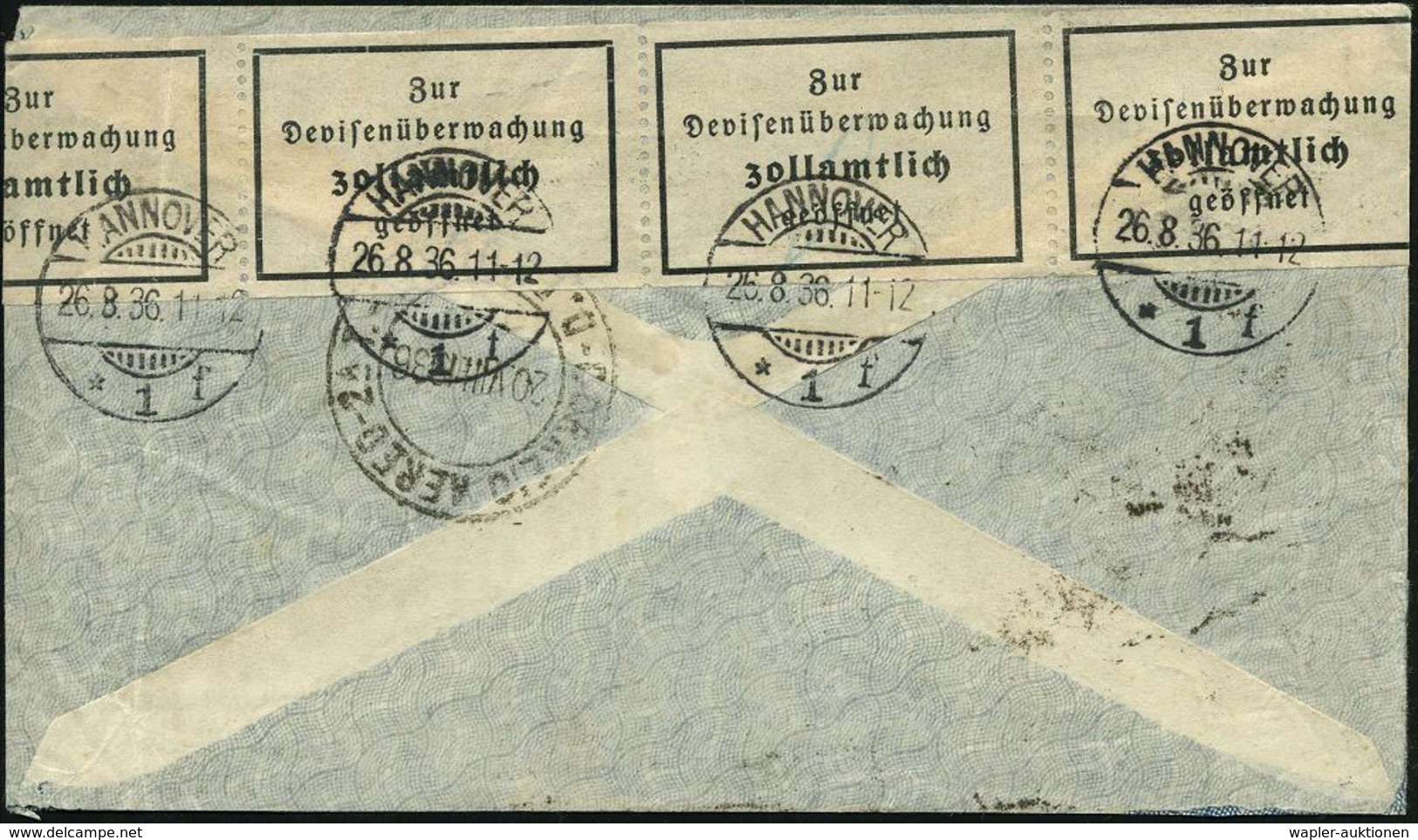 HANNOVER/ *1f 1936 (26.8.) 1K-Gitter Rs. Auf Zensurstreifen "Zur/Devisenüberwachung/..geöffnet" (mehrfach) Übersee-Trans - Altri (Aria)