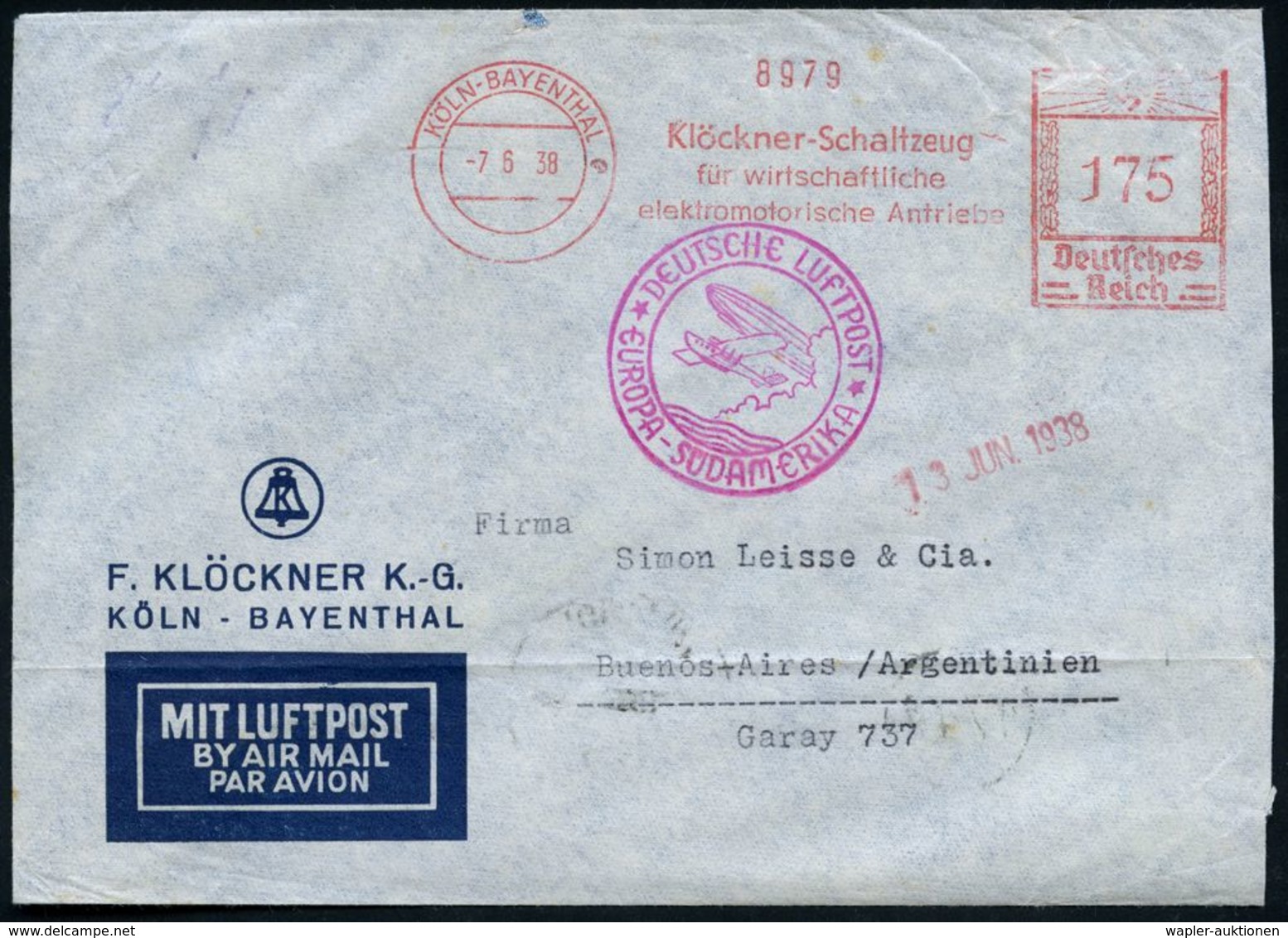 KÖLN-BAYENTHAL/ Klöckner-Schaltzeug.. 1938 (7.6.) AFS 175 Pf. + Lila Katapult-HdN:*DEUTSCHE LUFTPOST*/ EUROPA-SÜDAMERIKA - Altri (Aria)
