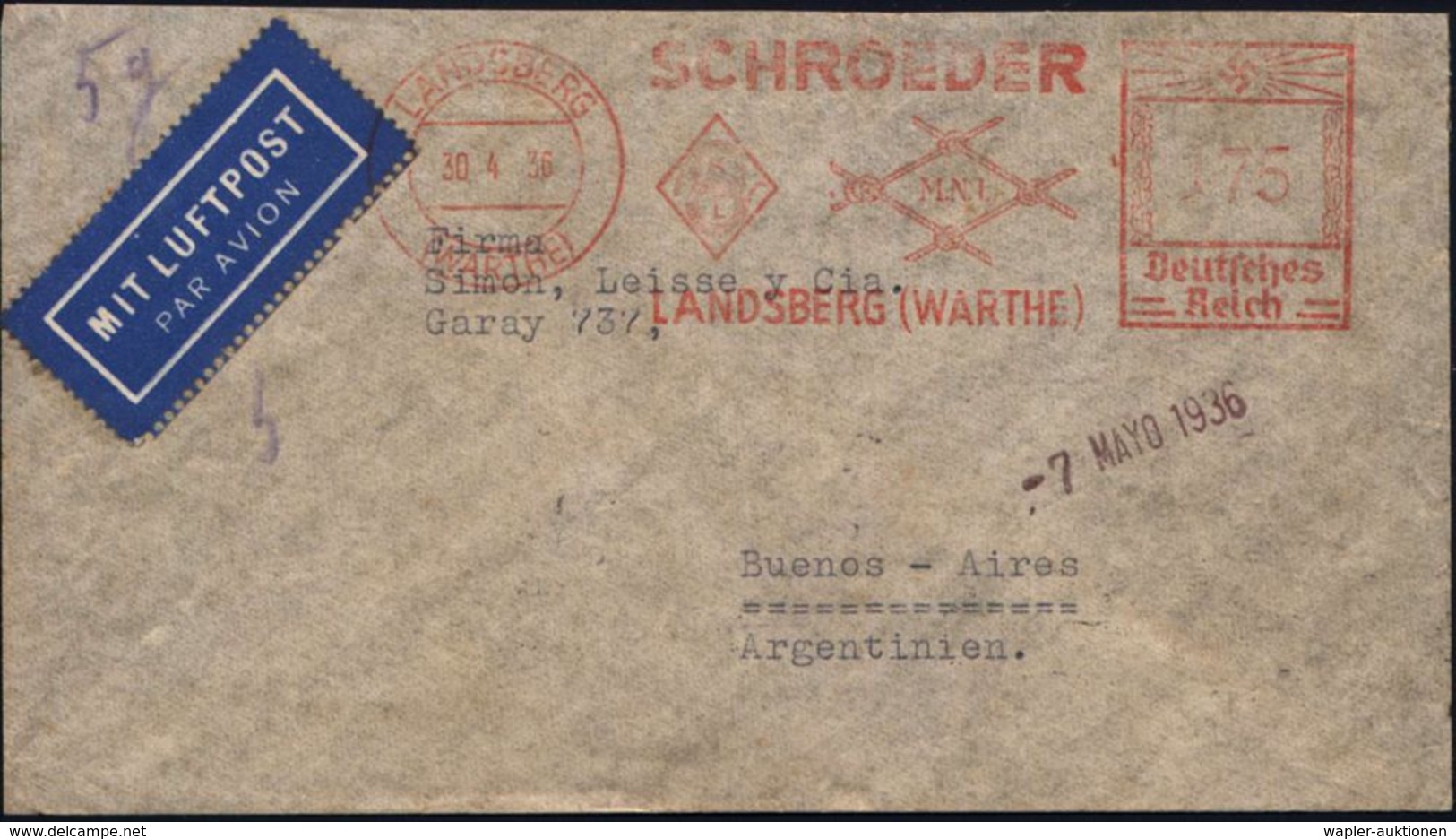 LANDSBERG/ (WARTHE)/ SCHROEDER.. 1938 (30.4.) AFS 175 Pf. Auf Firmen-Bf.: Kabelfabrik Landsberg.., Übersee-Flp.-Bf. = Fr - Altri (Aria)