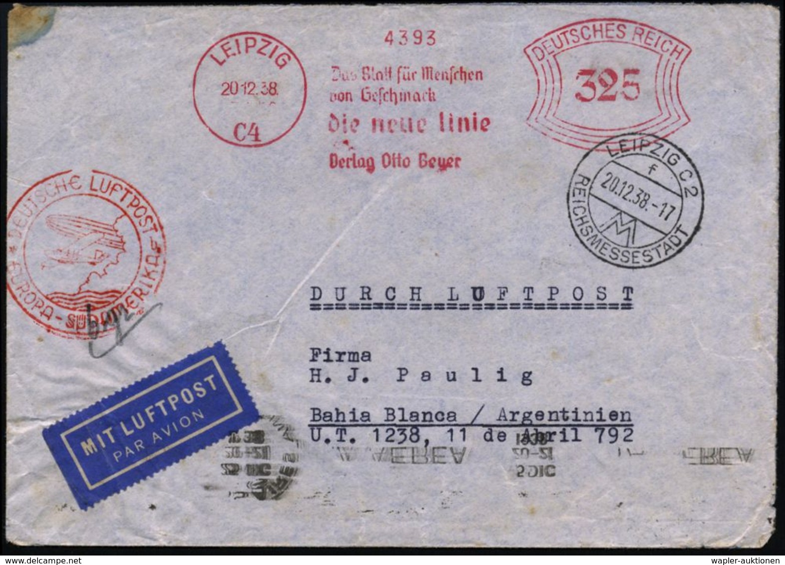 LEIPZIG/ C4/ Das Blatt Für Menschen/ Von Geschmack/ Die Neue Linie/ Verlag Otto Beyer 1938 (20.12.) AFS 325 Pf. + Roter  - Autres (Air)