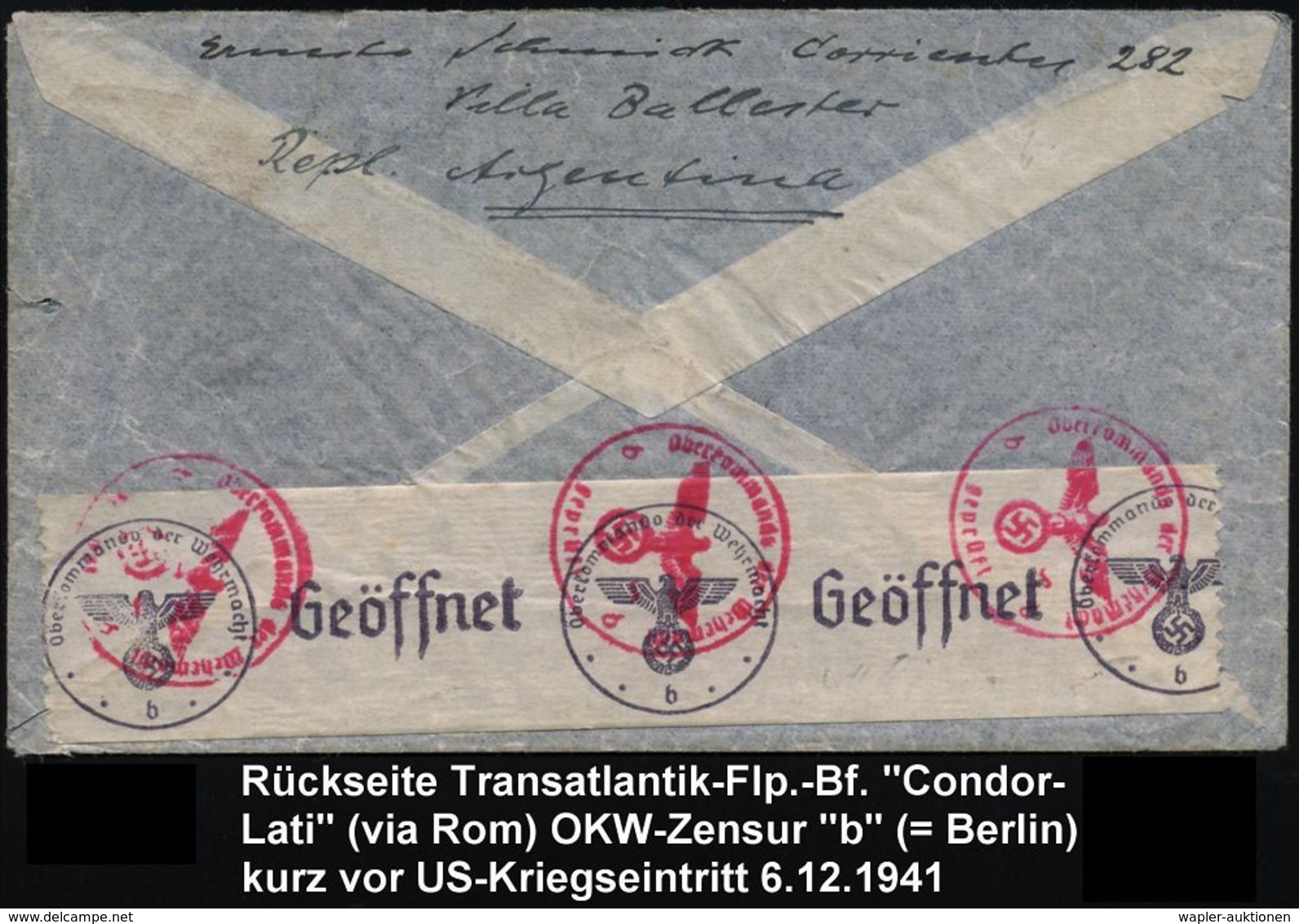 ARGENTINIEN 1941 (12.11.) Flp. 30 C. U. 1 Peso Etc. (Bf. Kl. Randkerbe), Hs. Zusatz: "Via Condor-Lati" + Rs. OKW-Zensur- - Andere (Lucht)