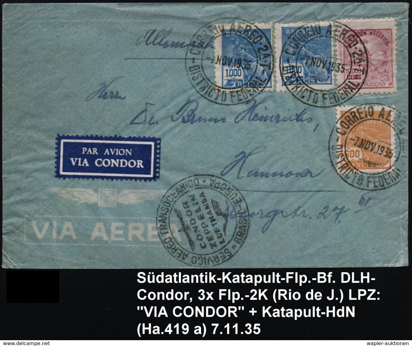 BRASILIEN 1935 (7.11.) 600 Rs. U. 2x 1000 Rs. Hermes Etc., 2K: CORREIO AEREO/ 2A T/ DISTRICTO FEDERAL + Schw. Katapult-2 - Autres (Air)