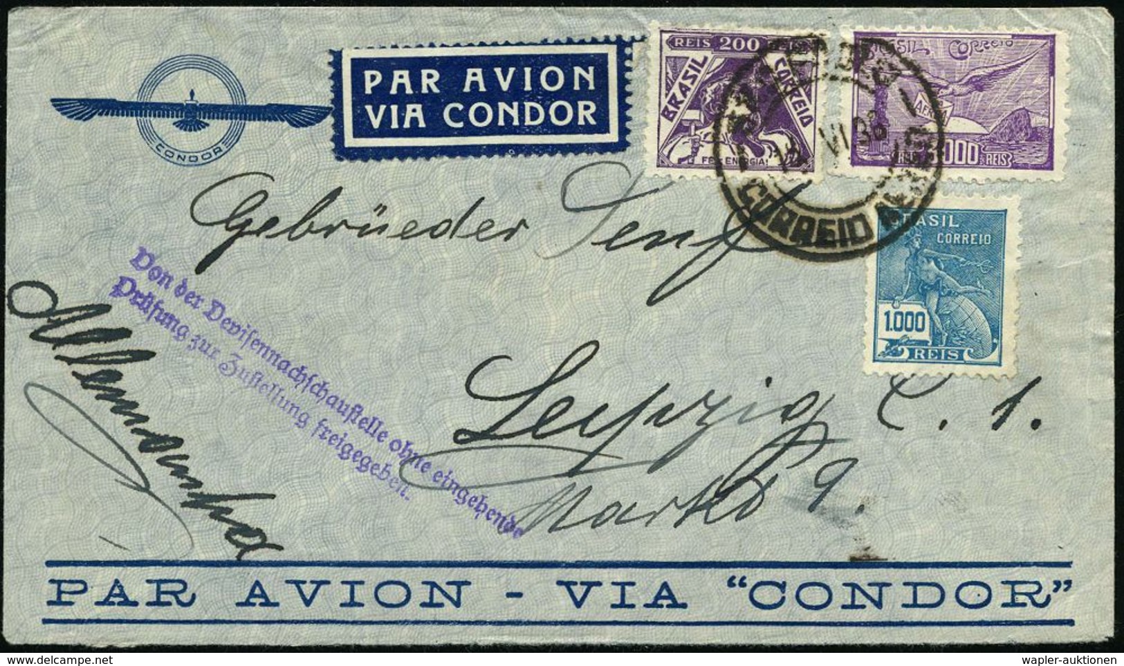 BRASILIEN 1936 (22.6.) 3000 Rs. Flp. U.a. , Blauer LPZ "PAR AVION VIA CONDOR" + Rs.1K MitMinutenangabe + Viol.2L: Von De - Autres (Air)