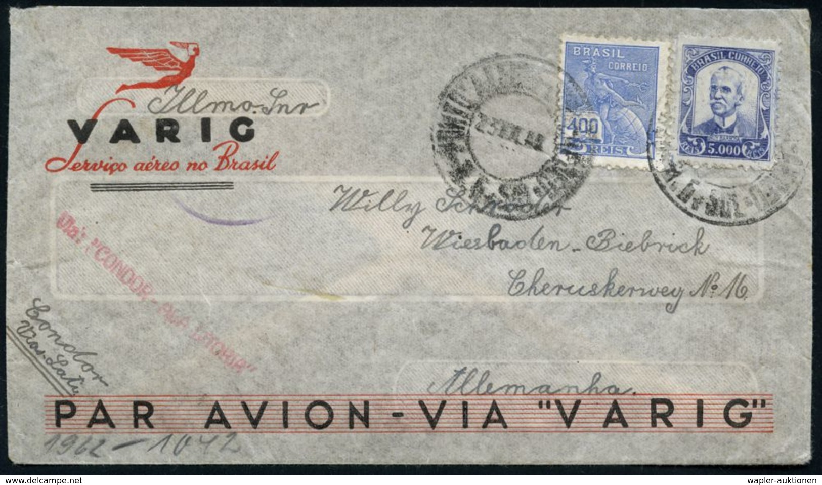 BRASILIEN 1940 (23.9.) Reklame-Bf.: VIA "VARIG" (Ikarus) + Roter 1L: VIA: CONDOR - ALA LITTORIA + Hs. Zusatz "Condor Via - Andere (Lucht)