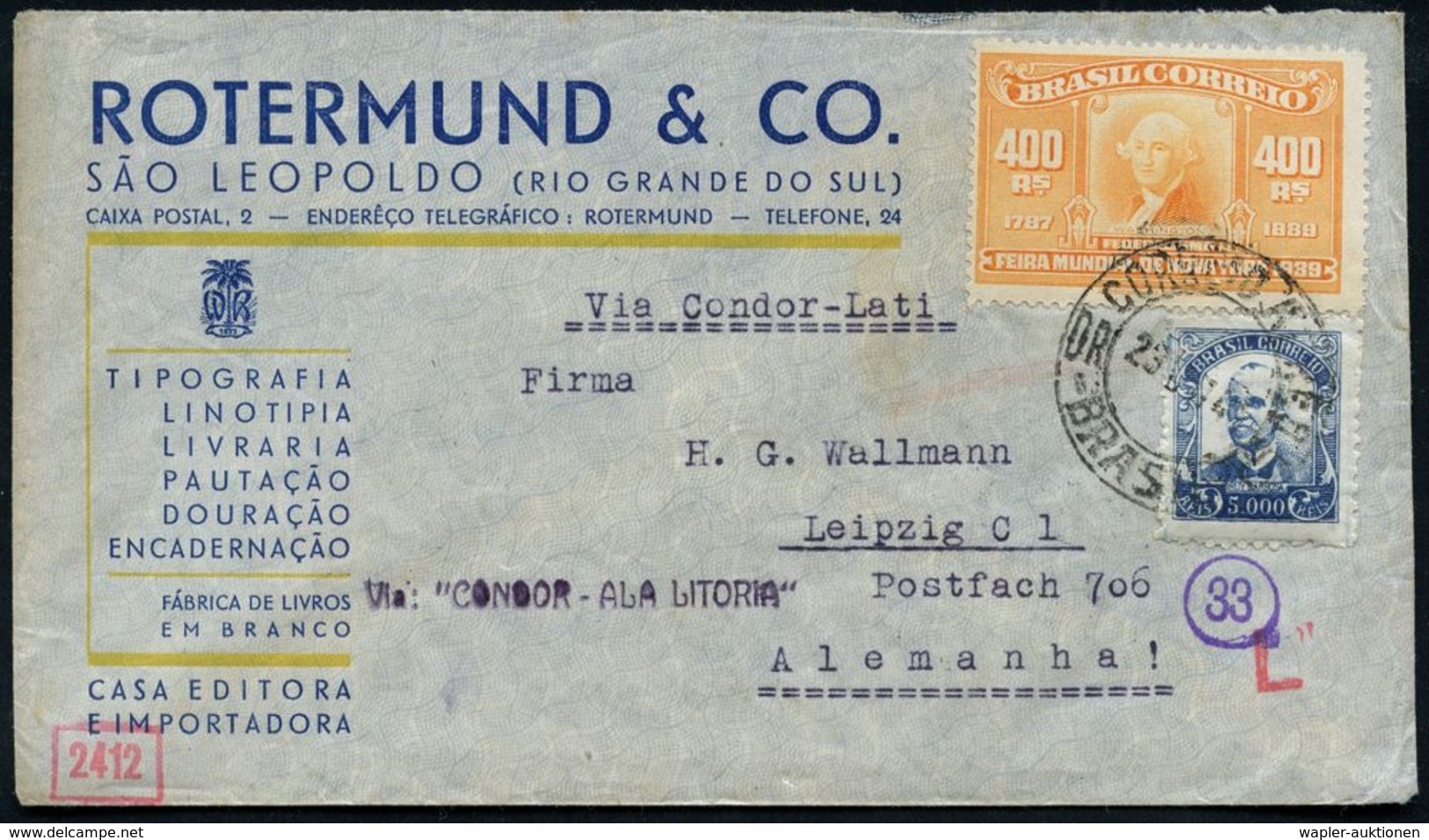 BRASILIEN 1941 (23.7.) 400 Rs. Washington (= Expo New York) U.a. + Viol. 1L: Via: "CONDOR - ALA LITORIA" (italien. Luftp - Altri (Aria)