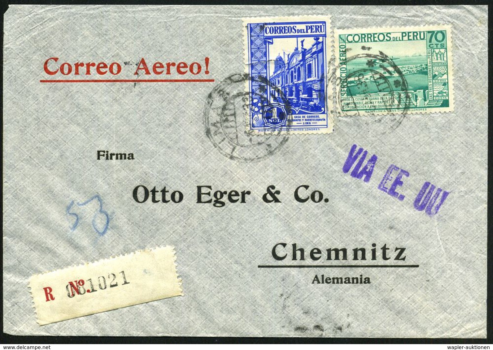 PERU 1938 (8.4.) 2K-Gitter: LIMA + Stummer RZ + Viol. Leit-Stempel: VIA E E. U U. Via Cristobal, Miami, New York (rs. Di - Andere (Lucht)