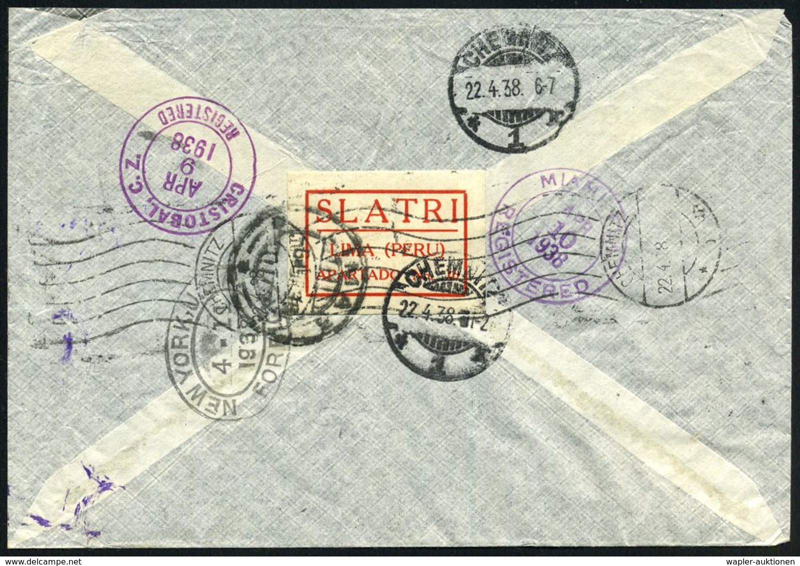 PERU 1938 (8.4.) 2K-Gitter: LIMA + Stummer RZ + Viol. Leit-Stempel: VIA E E. U U. Via Cristobal, Miami, New York (rs. Di - Andere (Lucht)