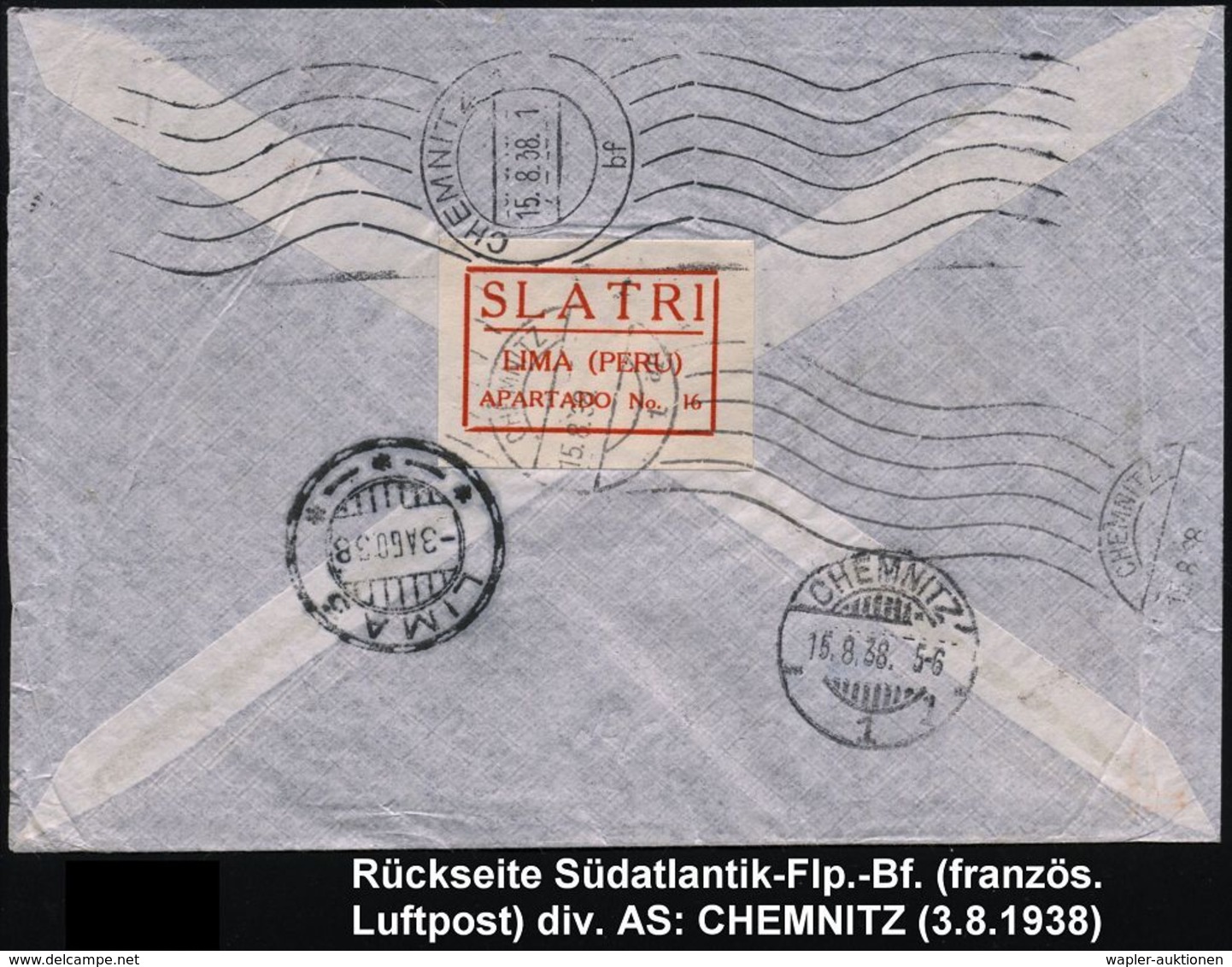 PERU 1938 (3.8.) 2K-Gitter: LIMA 3 + Stummer RZ (ohne Ort) + Viol. Leit-2L: Via FAUCETT/ AIR FRANCE , Sauber Gest. Flp.- - Otros (Aire)