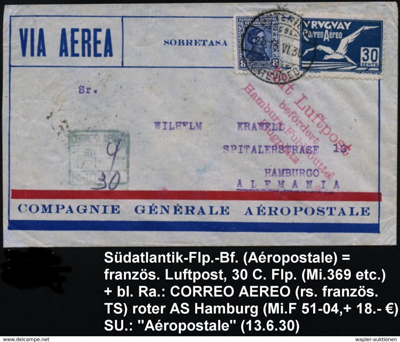 URUGUAY 1930 (13.6.) Vordr-Bf: COMPAGNIE GENERALE AEROPOSTALE = Französ. Fluggesellschaft , Flp.-Frankatur + Bl.Ra4: ... - Andere (Lucht)