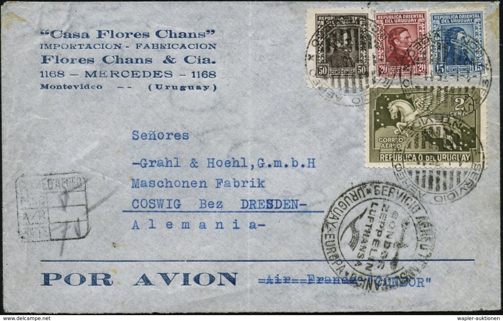 URUGUAY 1935 (1.1.) 2 C. "Pegasus" Flp. (u.a.), 2K-Gitter: SERVICIO AEREO/ MONTEVIDEO + Schw. 2K-HdN: SERVICIO AEREO TRA - Andere (Lucht)