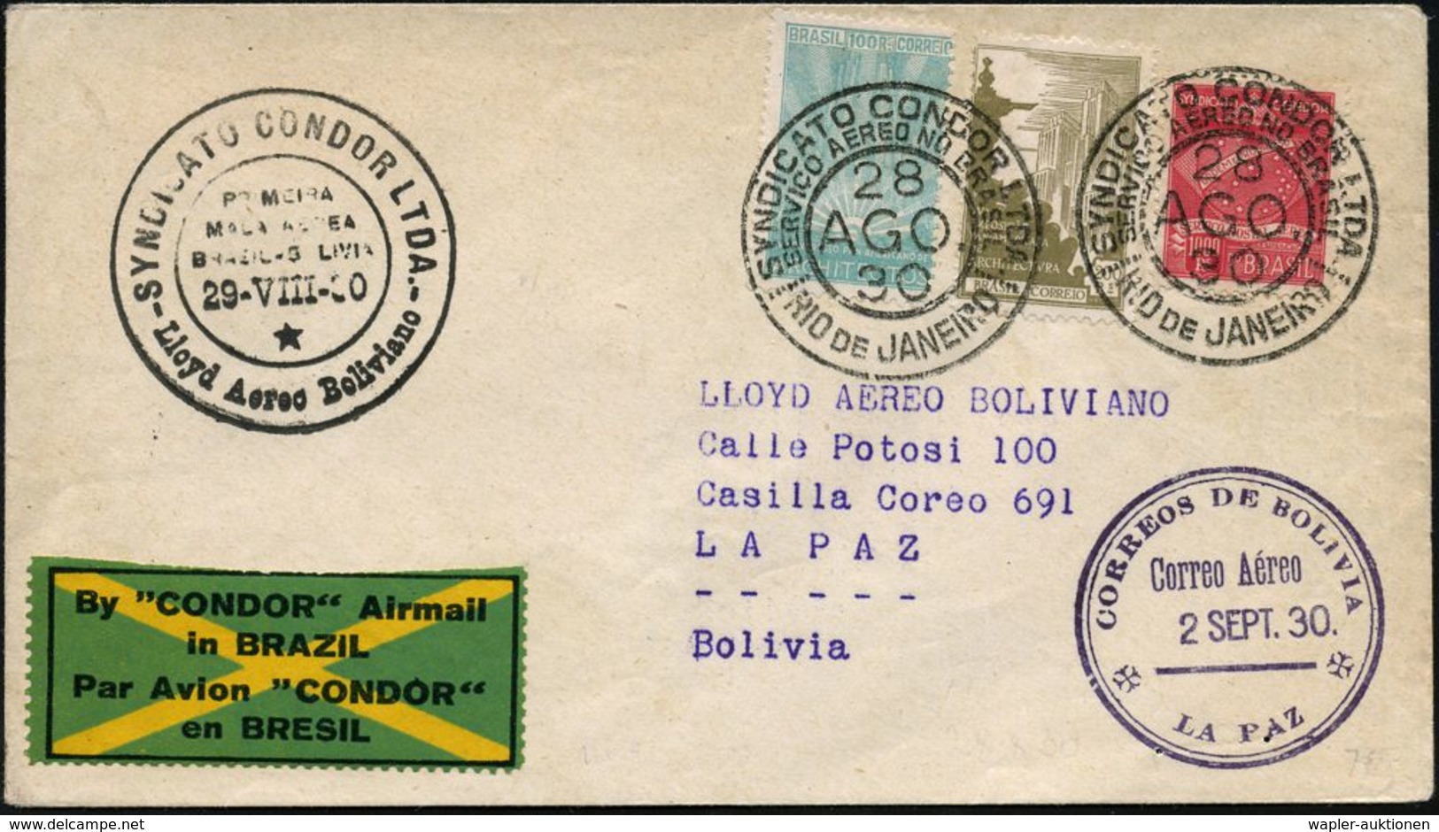 BRASILIEN 1930 (28.8.) 2K: RIO DE JANEIRO/SYNDICATO CONDOR LTDA/ SERVICIO AEREO NO BRASIL 2x + 2K-HdN: SYNDICATO CONDOR/ - Andere (Lucht)