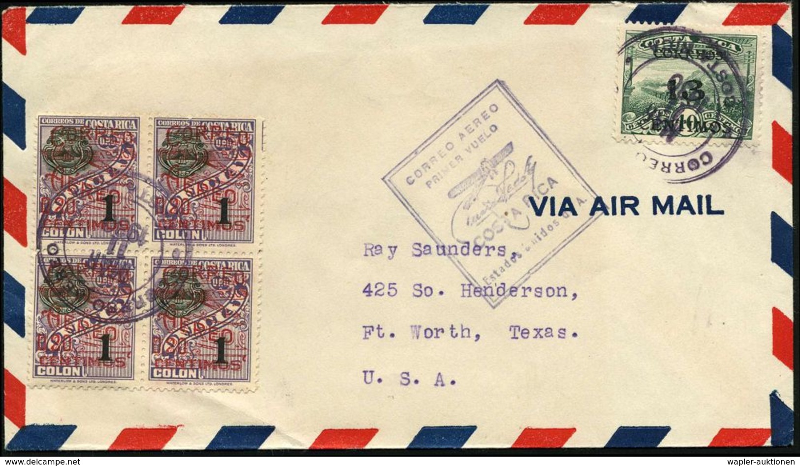 COSTA RICA 1930 (11.3.) Erstflug (PAA): San José - Miami , Viol. Flp.-HdN: PRIMER VUELO.. + Entspr. Frankatur: 4er-Block - Altri (Aria)