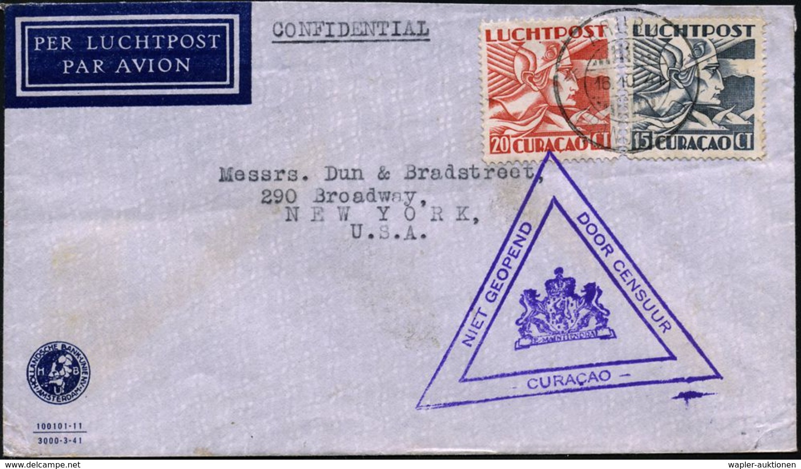 CURACAO 1941 (16.10.) 15 C. U. 20 C. Merkur, Satzreine Frankatur + 2K: ARUBA + Viol. Dreieck-Zensur: NIET GEOPEND/DOOR C - Sonstige (Luft)