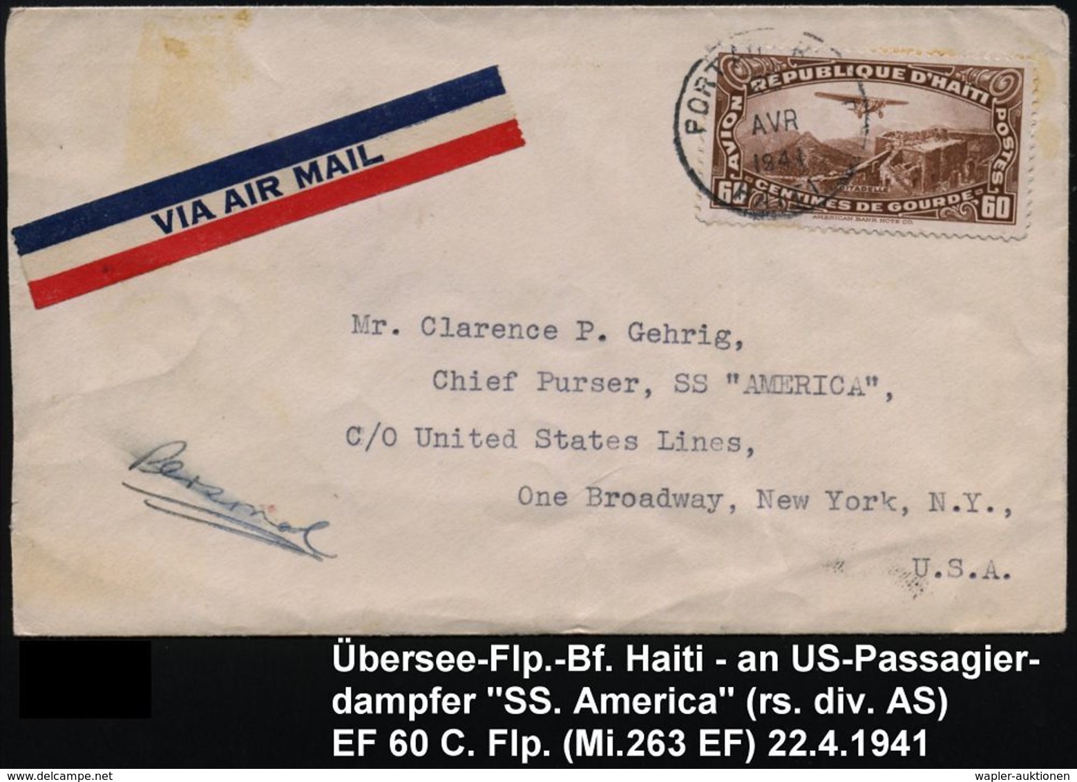 HAITI 1941 (22.4) 60 C. Flp. , EF , 1K: PORT AU PRINCE, Übersee-Flp.-Bf. N. New York (rs. AS Reederei US LINES) (Mi.263  - Sonstige (Luft)