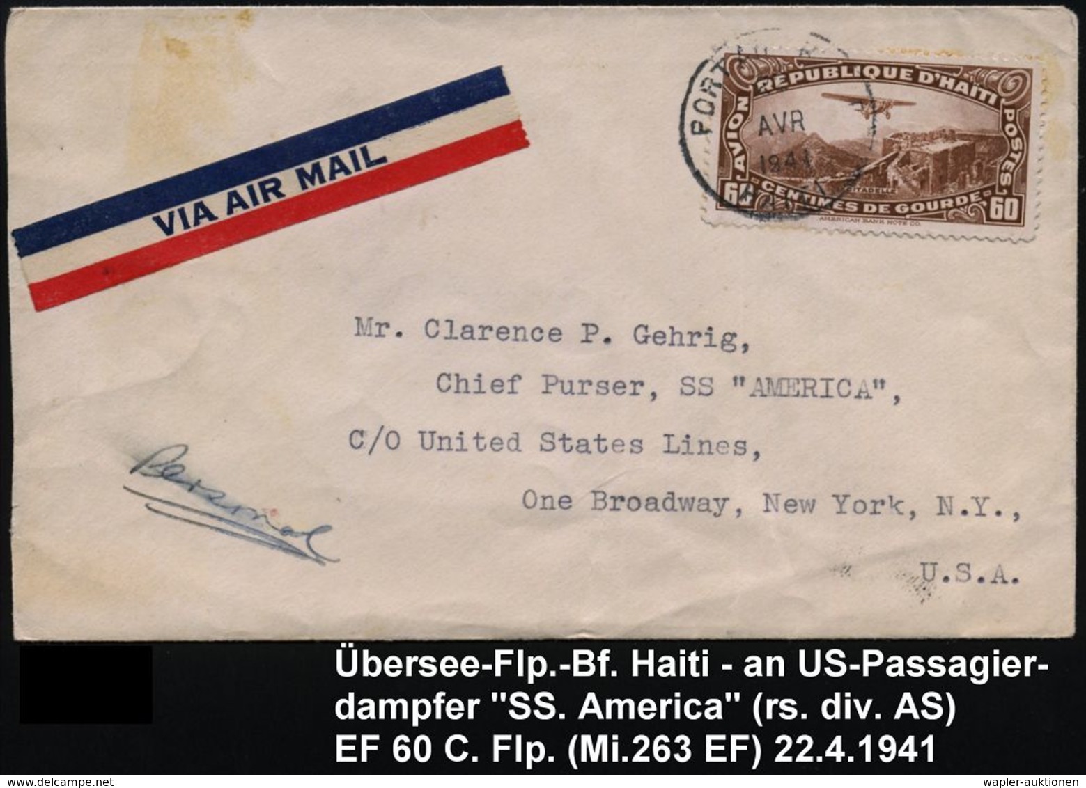 HAITI 1941 (22.4) 60 C. Flp. , EF , 1K: PORT AU PRINCE, Übersee-Flp.-Bf. N. New York (rs. AS Reederei US LINES) (Mi.263  - Altri (Aria)