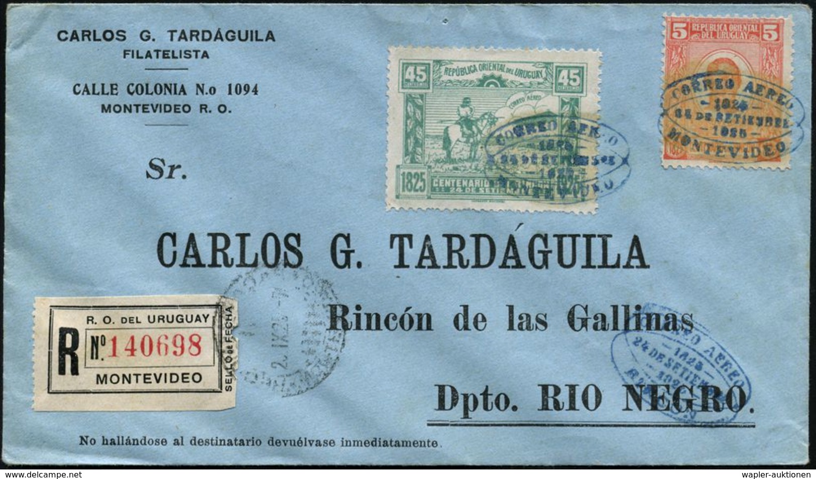URUGUAY 1925 (24.9.) Erstflug: Montevideo - Rincon , 45 C. Flp.-Sondermarke! (Mi.313 U.a.) Blauer Zier-SSt: MONTEVIDEO/  - Altri (Aria)