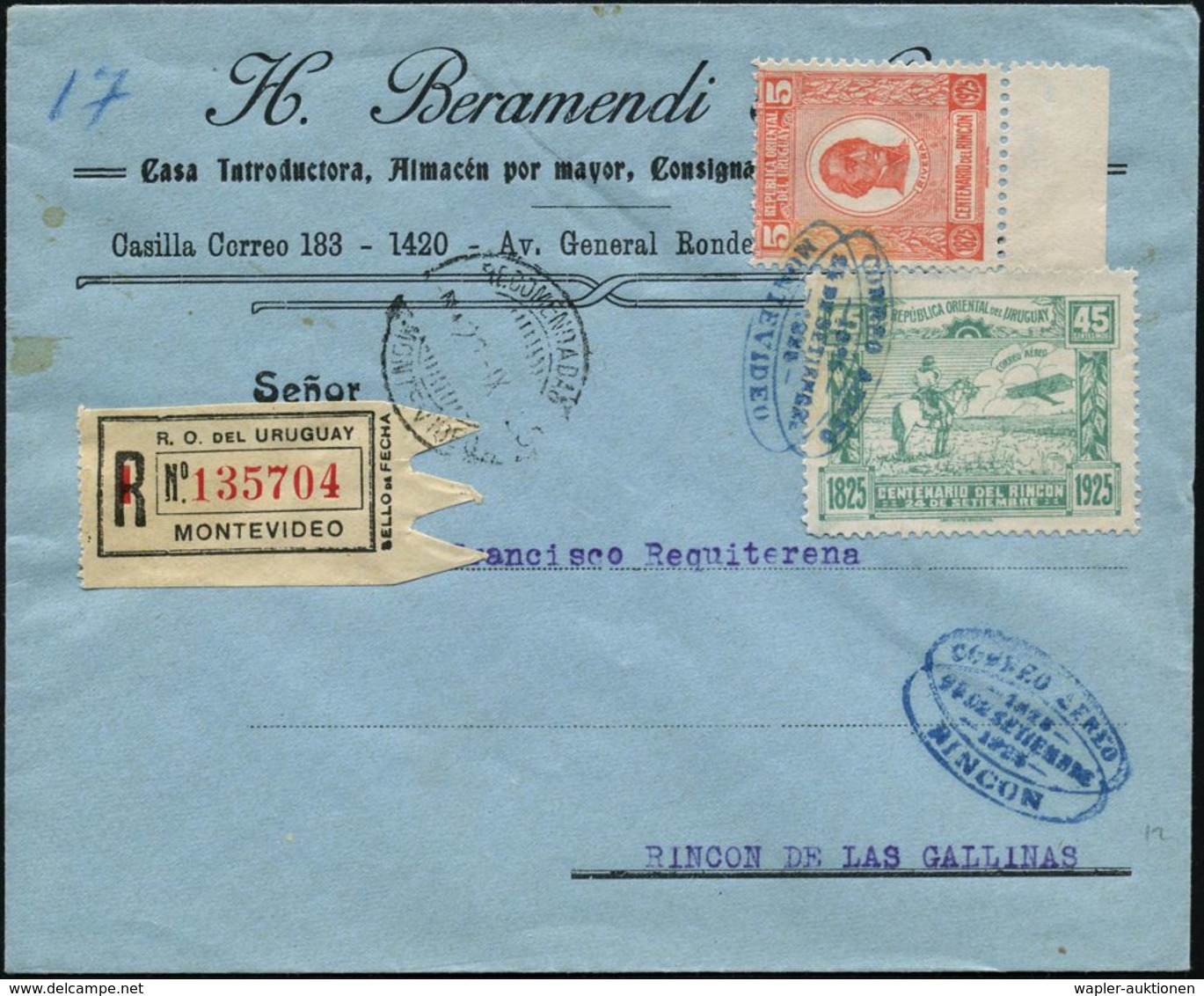 URUGUAY 1925 (24.9.) Erstflug: Rincon - Montevideo, 45 C. Flp.-Sondermarke (Reiter V.Rinc&oacute;n) U.a. (Mi.313 U.a.) B - Altri (Aria)
