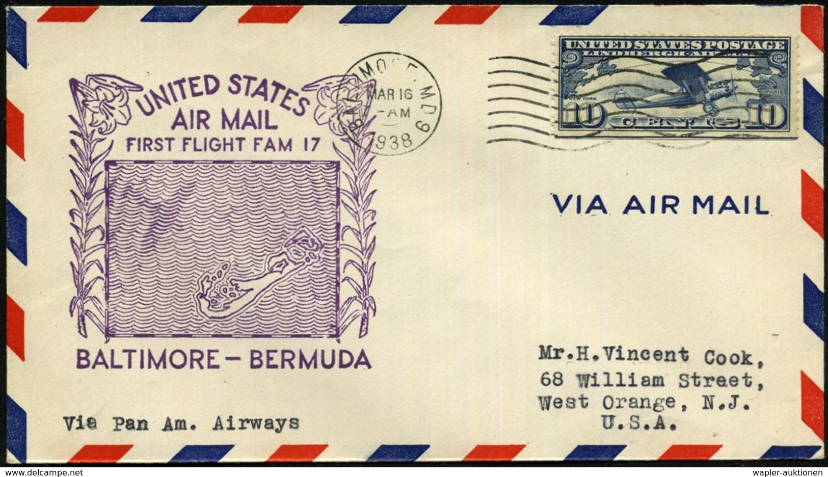 U.S.A. 1938 (16.3.) Erstflug (FAM 17): Baltimore - Bermuda, Hamilton , Viol. Flp.-HdN (Landkarte, 2 Blumen) 10 C. Flp.-F - Andere (Lucht)