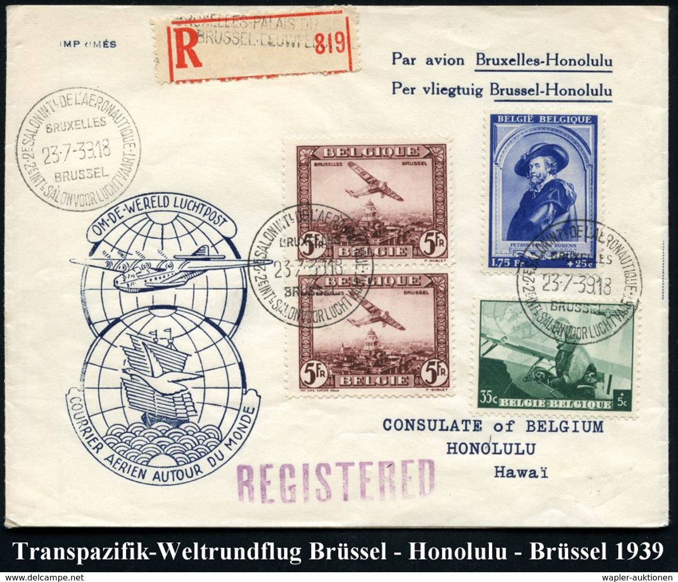 BELGIEN 1939 (23.7.) Weltrundflug Brüssel - New York - Honululu - Brüssel (alle TS, AS) Flp.-Frankatur (Mi.283 (2), 467  - Andere (Lucht)