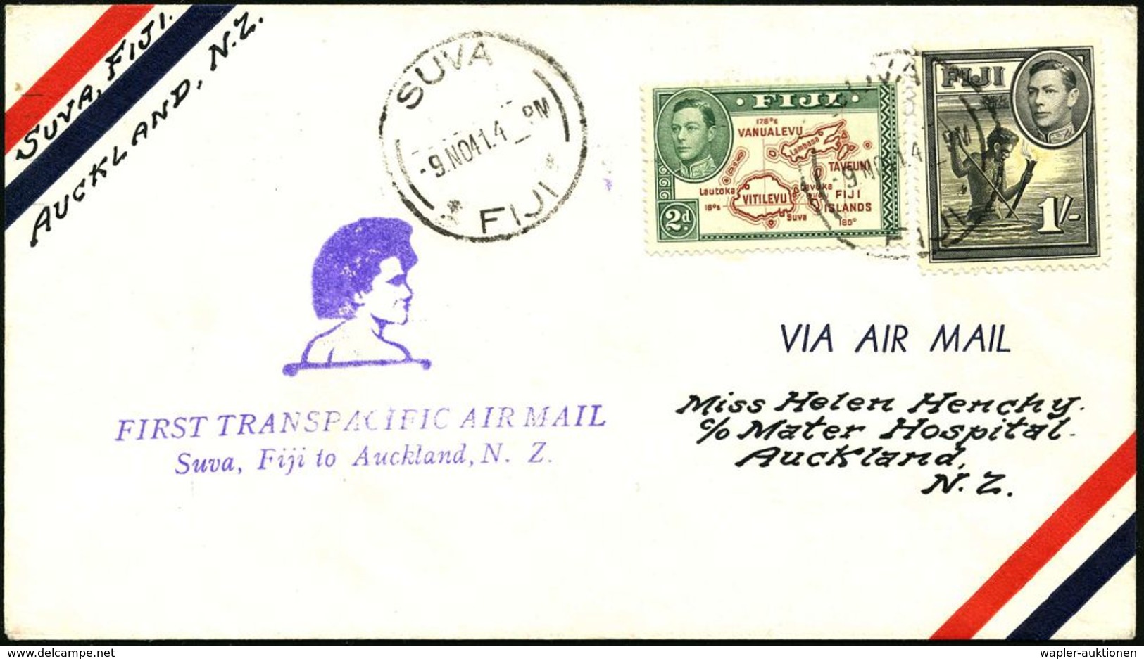 FIDSCHI 1941 (9.11.) Erstflug (FAM 19): Suva - Auckland N.Z. (rs. AS) Viol. Flp.-HdN: FIRST TRANSPACIFIC AIR MAIL, Selte - Altri (Aria)