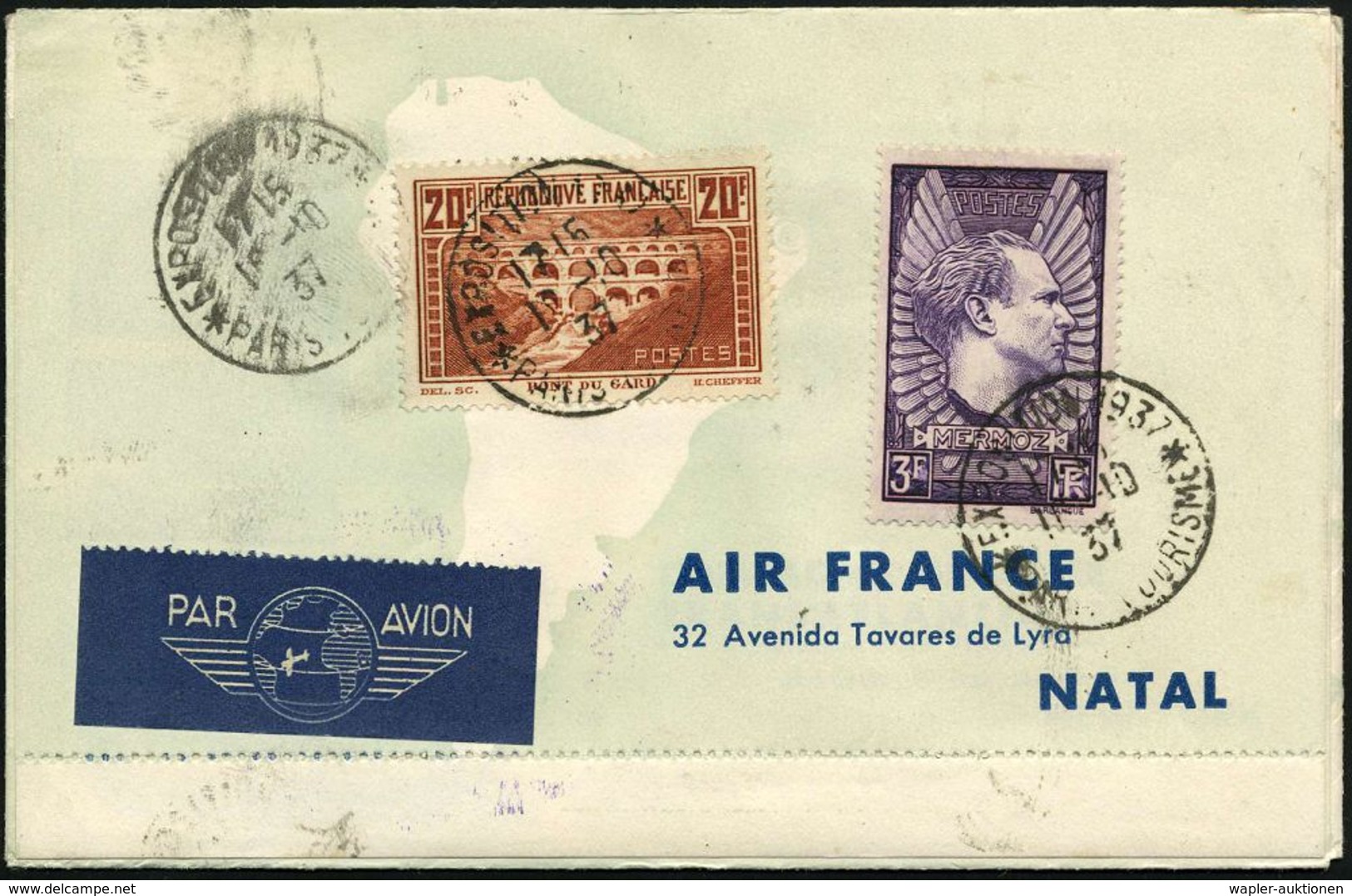 FRANKREICH 1937 (Okt.) Weltrundflug Expo Paris 1937 (Air France): Paris - Brasilien - New York - Hong Kong - Paris (AS U - Other (Air)