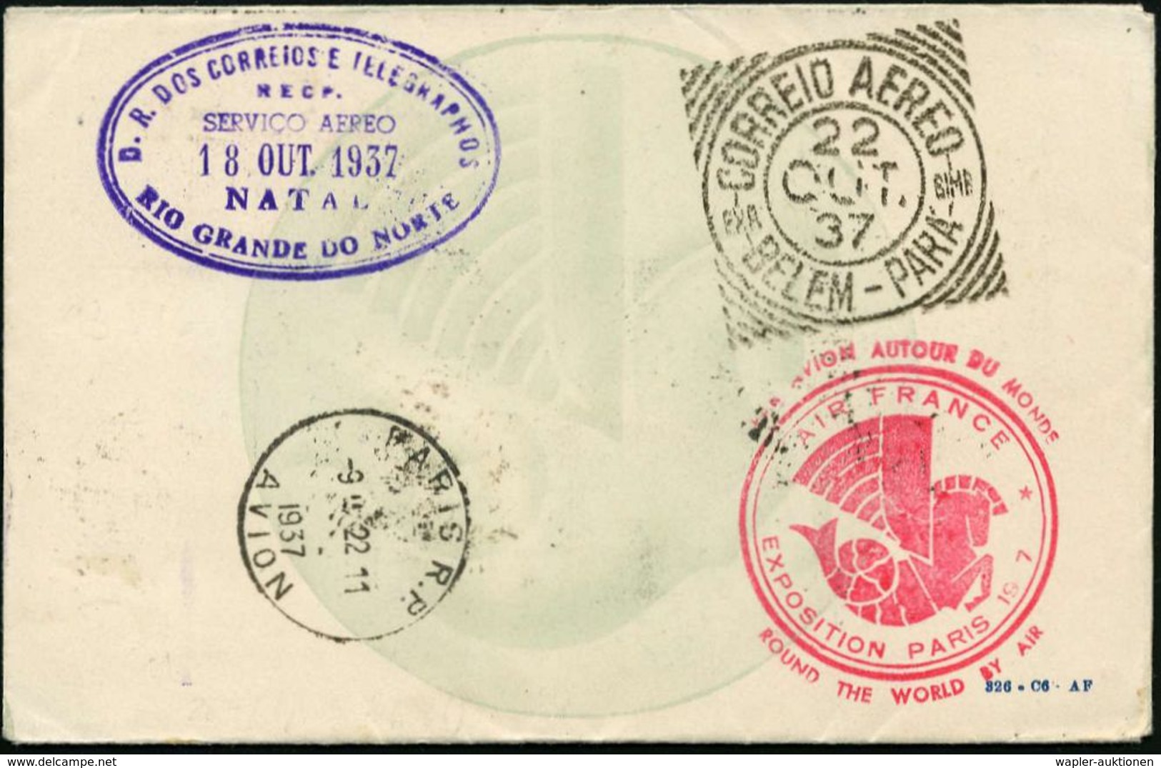 FRANKREICH 1937 (Okt.) Weltrundflug Expo Paris 1937 (Air France): Paris - Brasilien - New York - Hong Kong - Paris (AS U - Altri (Aria)